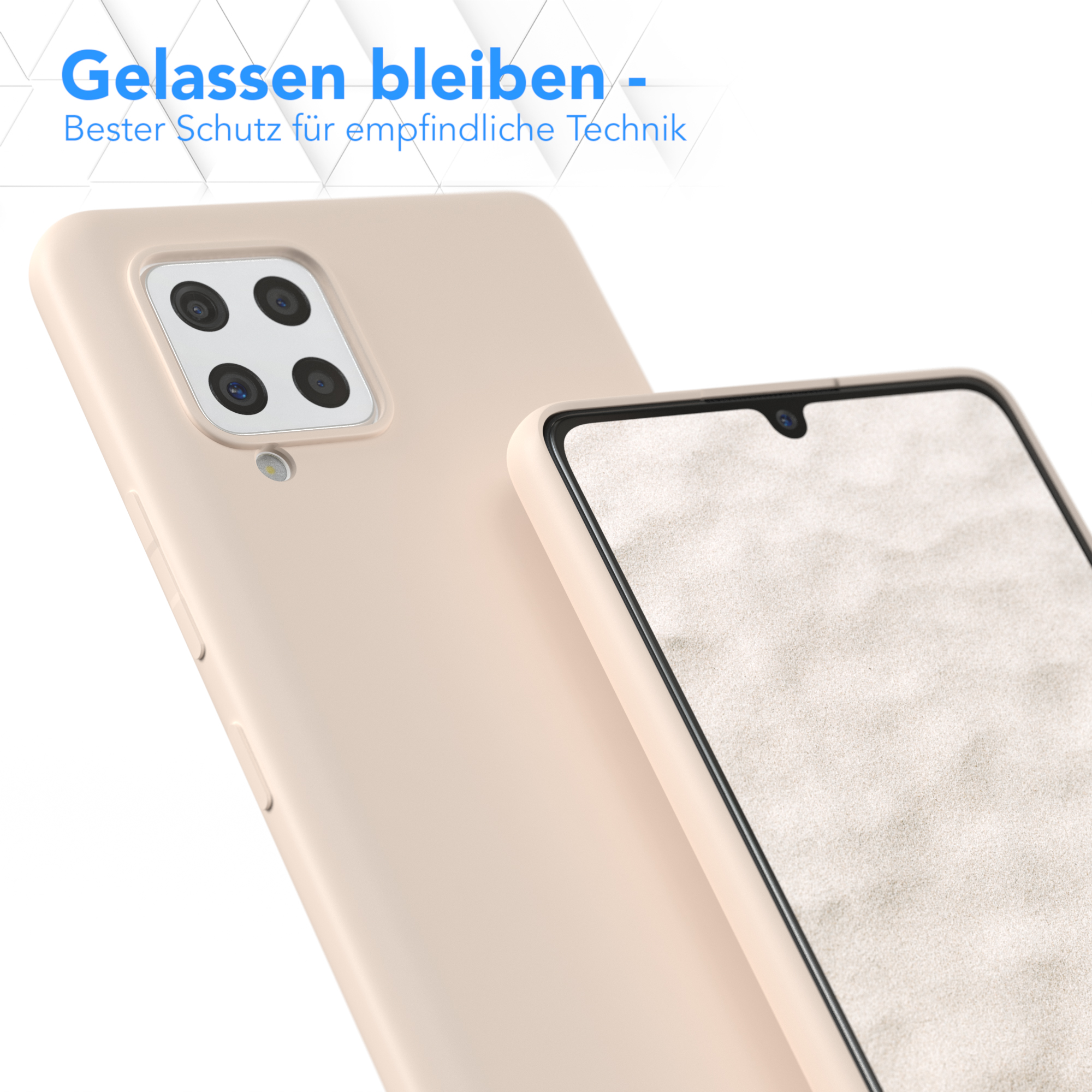 Nahaufnahme einer Handyhülle und eines Telefons. Hülle und Telefon sind beide beige.