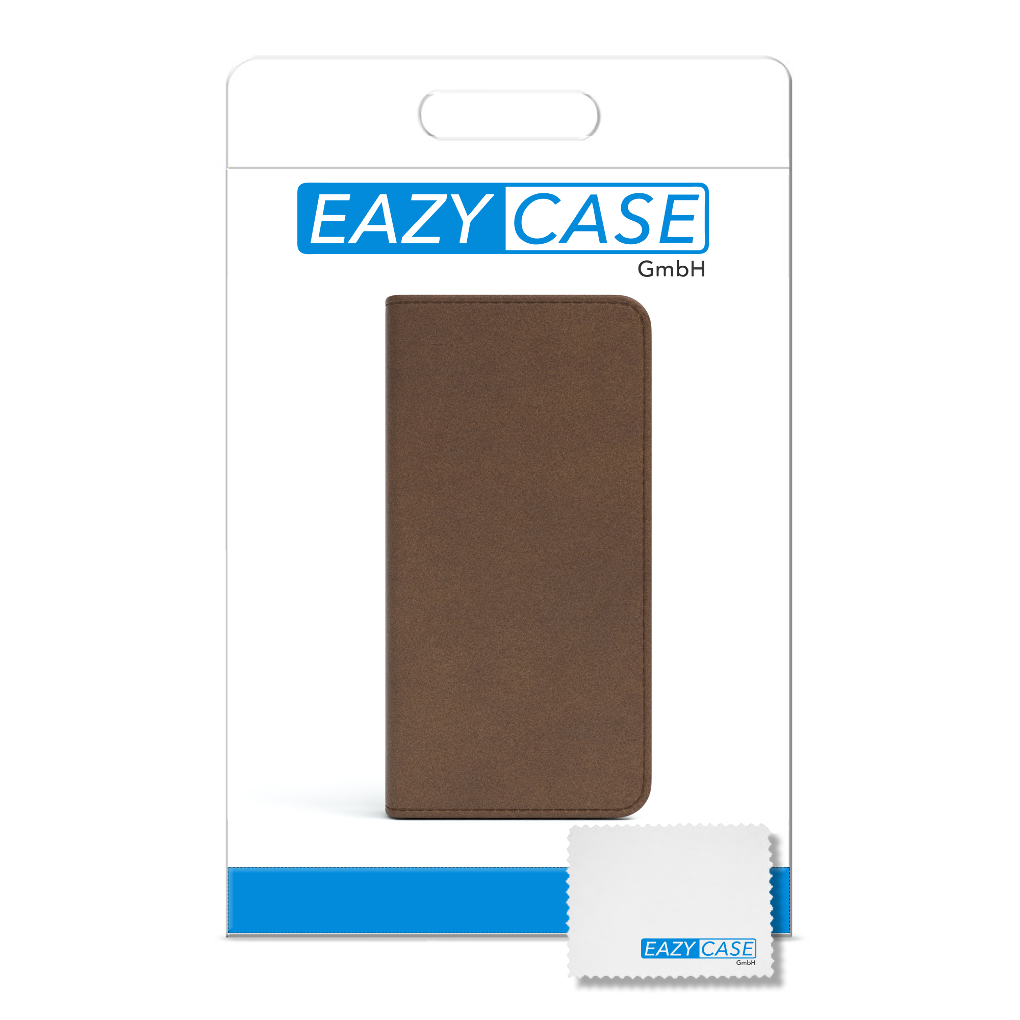 Braune Handyhüllenverpackung mit der Marke EAZY CASE und einem Reinigungstuch.
