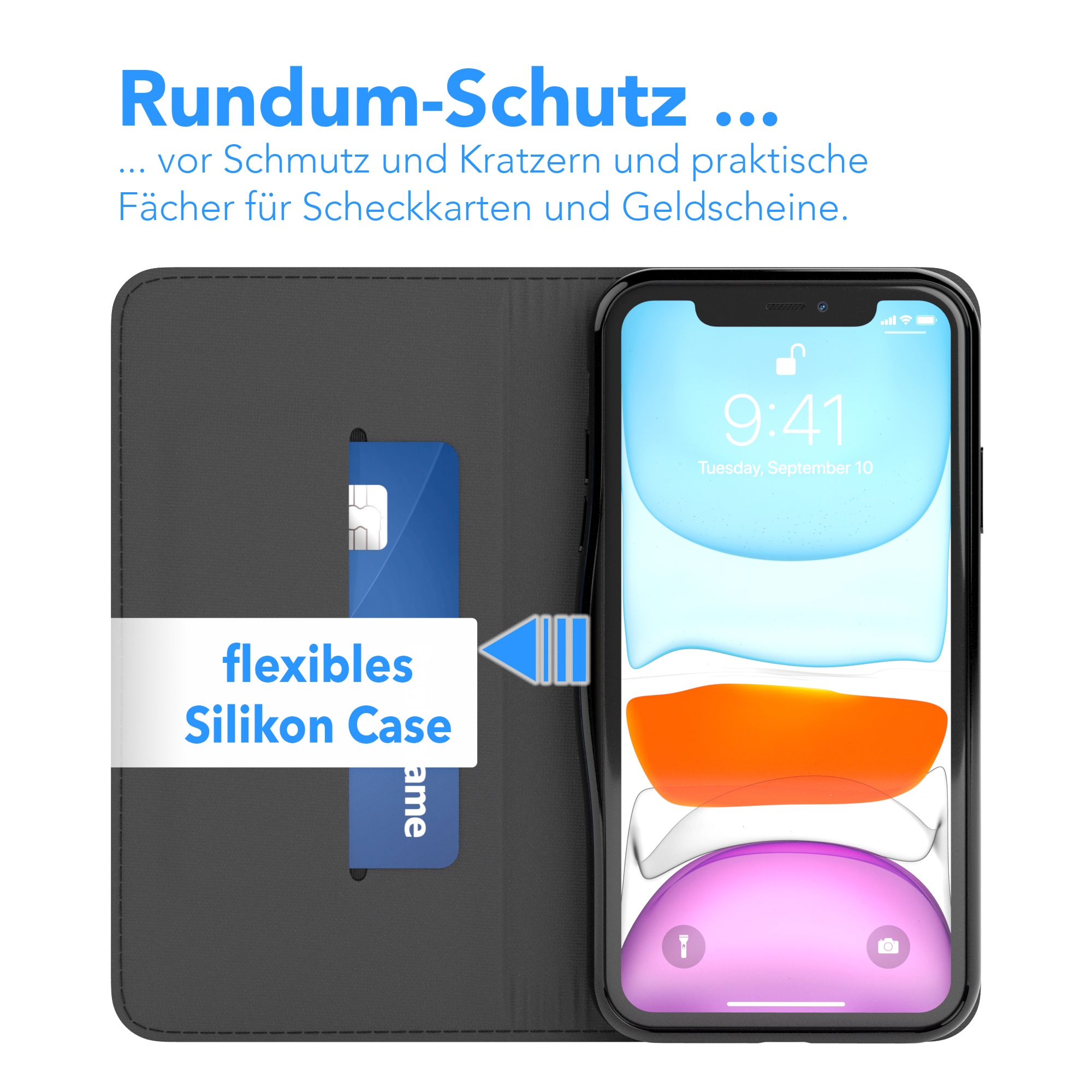 Handyhülle mit Handy und Kreditkarte. Text zeigt Schutz und Fächer für Karten und Bargeld.
