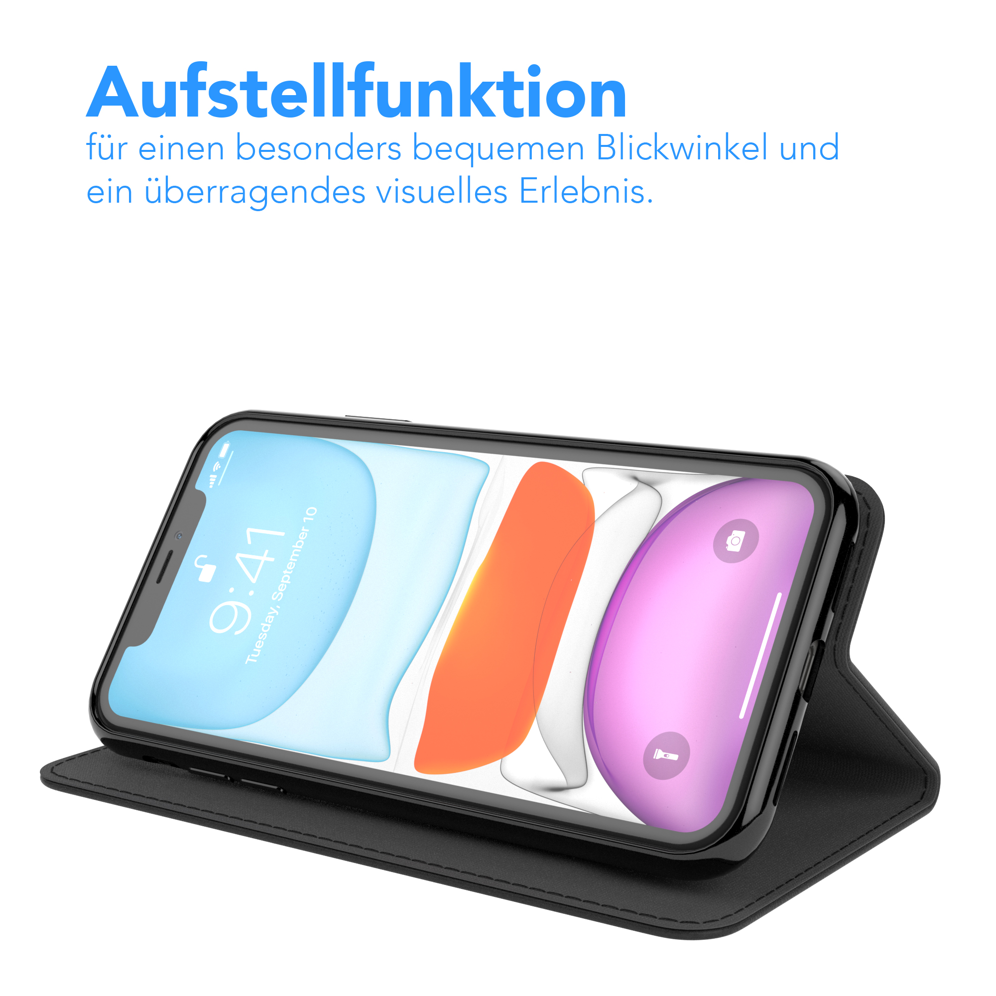 Smartphone in einer schwarzen Hülle, der Bildschirm zeigt eine Benutzeroberfläche.