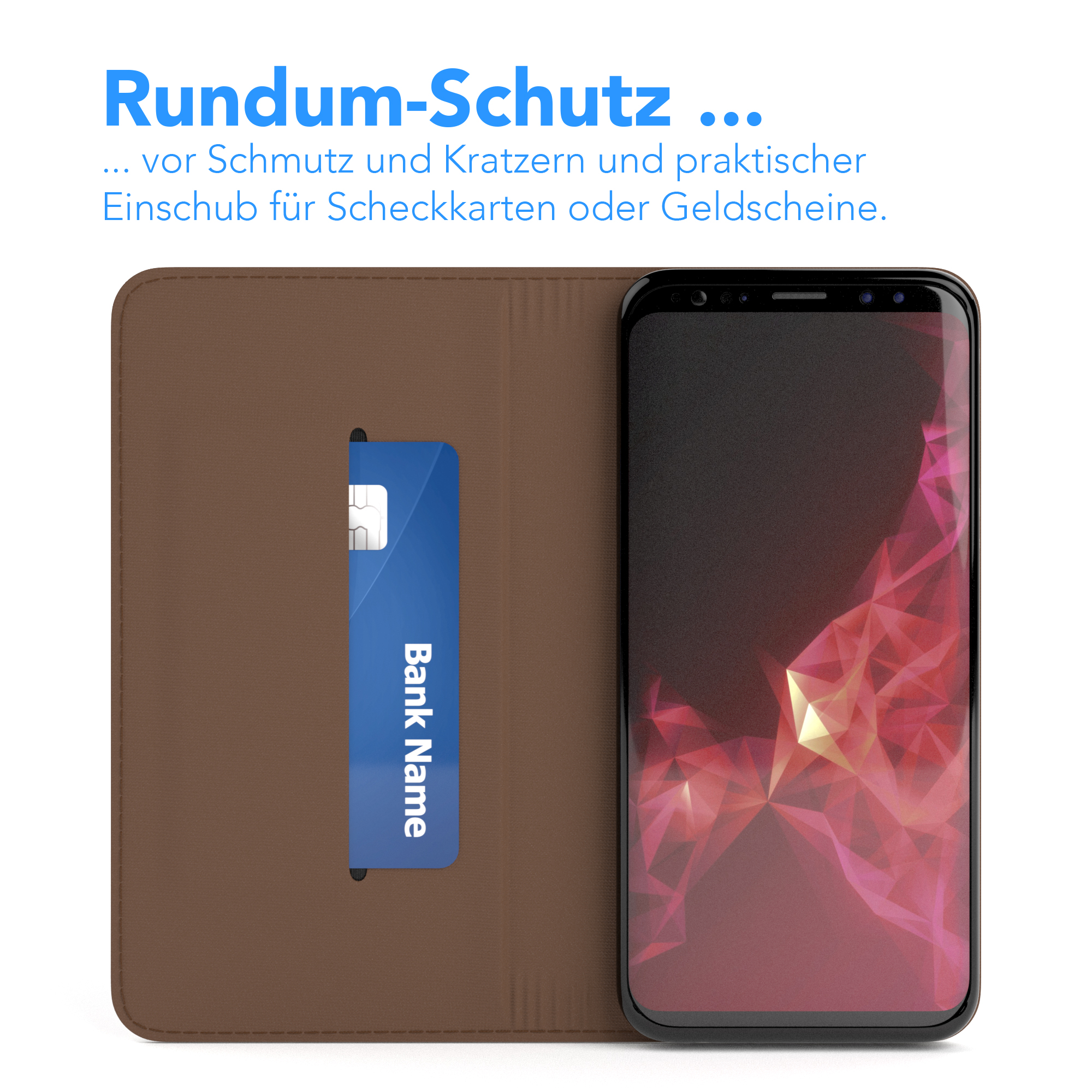 Telefon in brauner Hülle, zeigt Kreditkarte und ein rot-pinkes Bild.