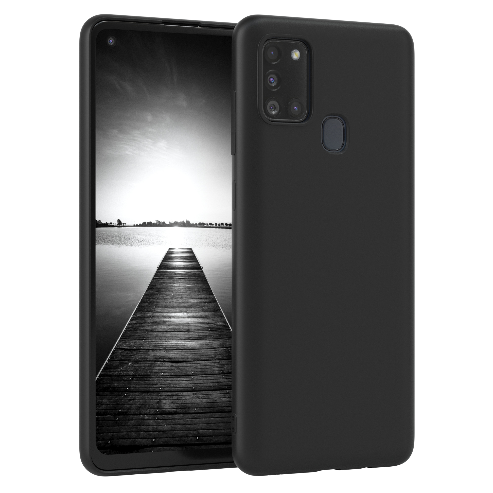 Ein schwarzes Telefon mit schwarzer Hülle, das eine Graustufen-Landschaft zeigt.