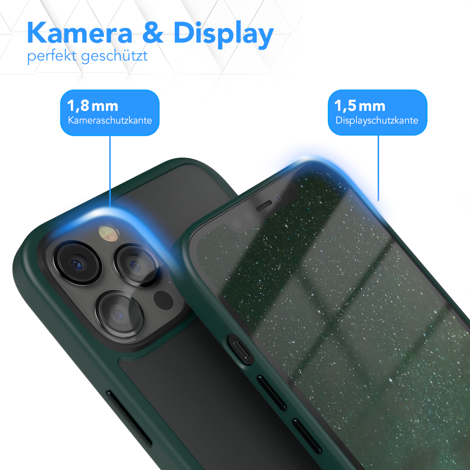 Grüne Handyhülle mit einem iPhone und Texten über Kamera- und Displayschutz.