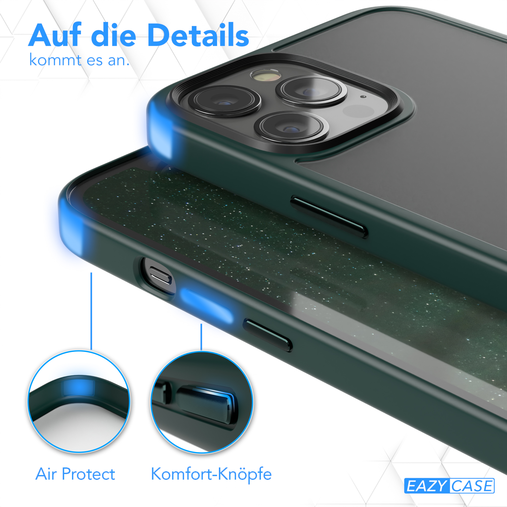Handyhülle Detail. Blauer Lichteffekt. Text: 'Air Protect' und 'Komfort-Knöpfe'.