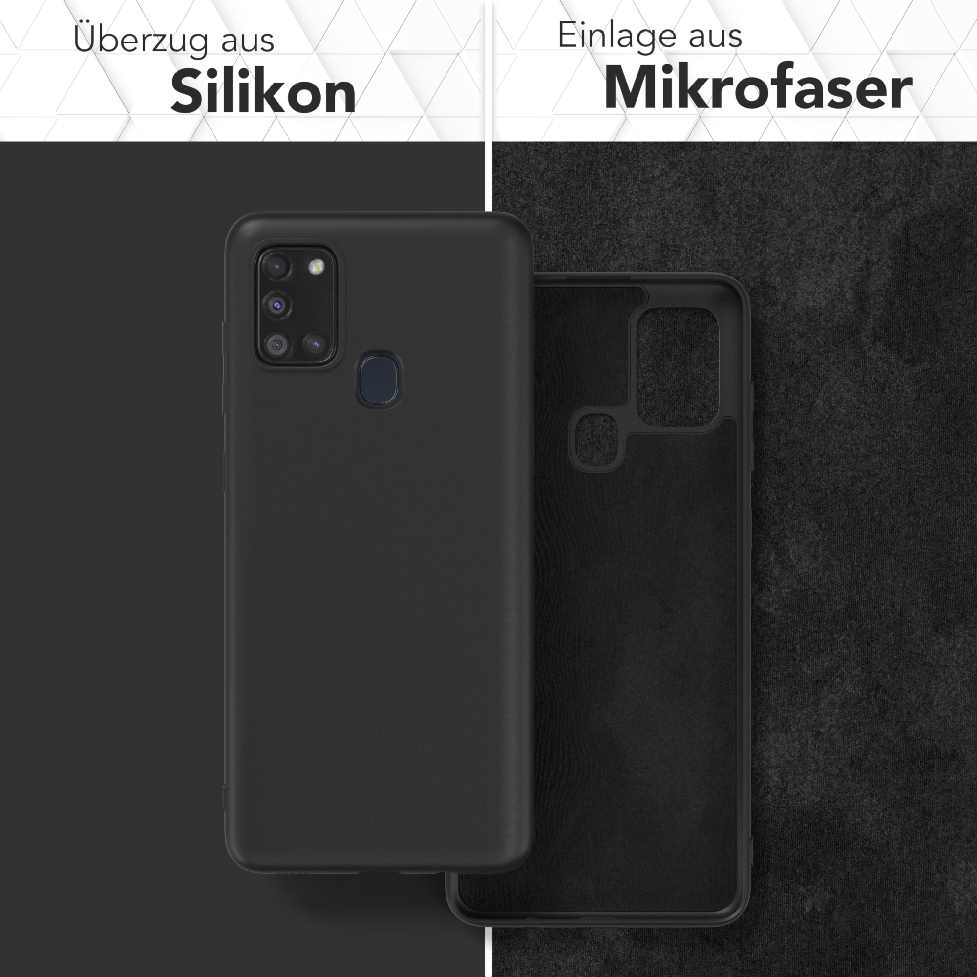 Schwarze Handyhülle und Innenseite, aus Silikon und Mikrofaser. Deutscher Text.