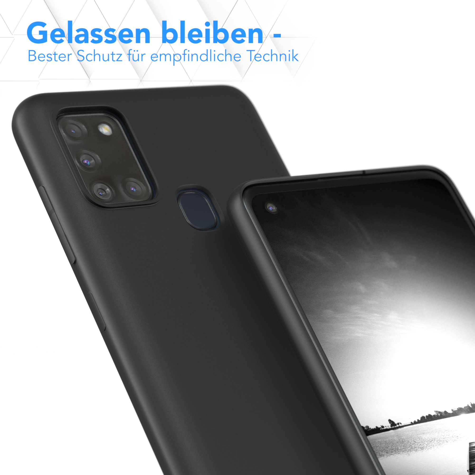 Schwarze Handyhülle mit Telefon darin. Das Telefon zeigt ein Graustufenbild.