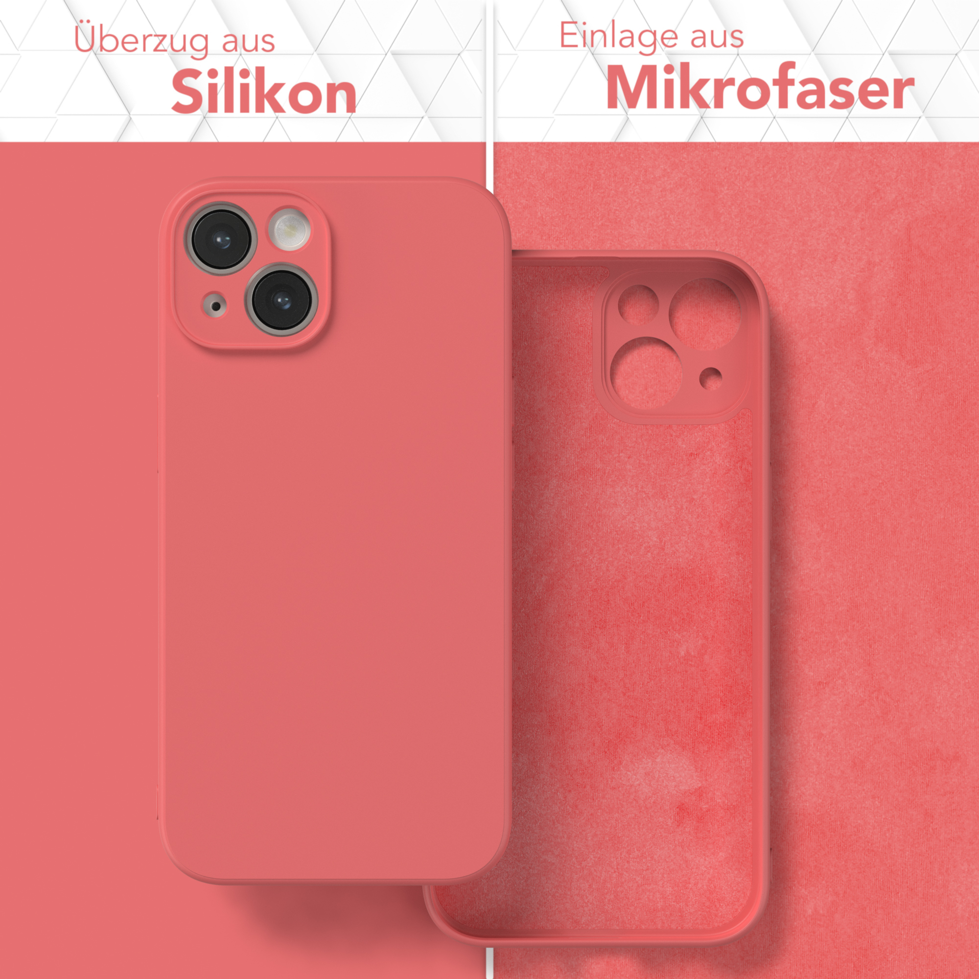 Zwei Handyhüllen, eine korallenfarbene, mit den Details 'Silikon' und 'Mikrofaser'. Die rechte ist geöffnet.