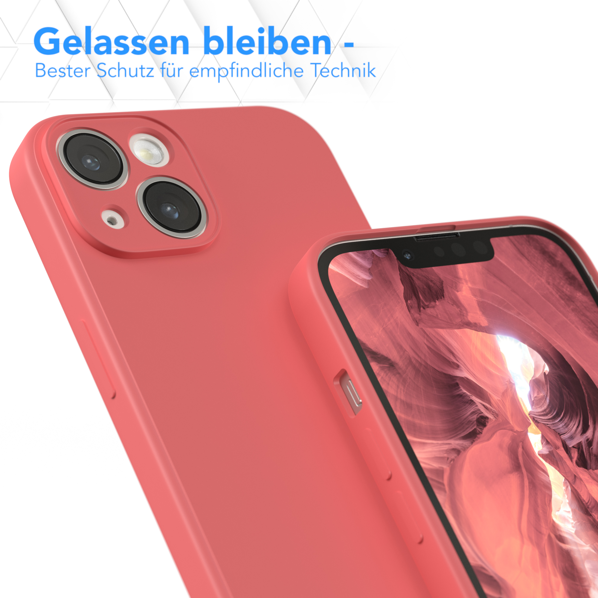 Nahaufnahme einer Handyhülle und eines Telefons. Hülle und Telefon sind beide rot.