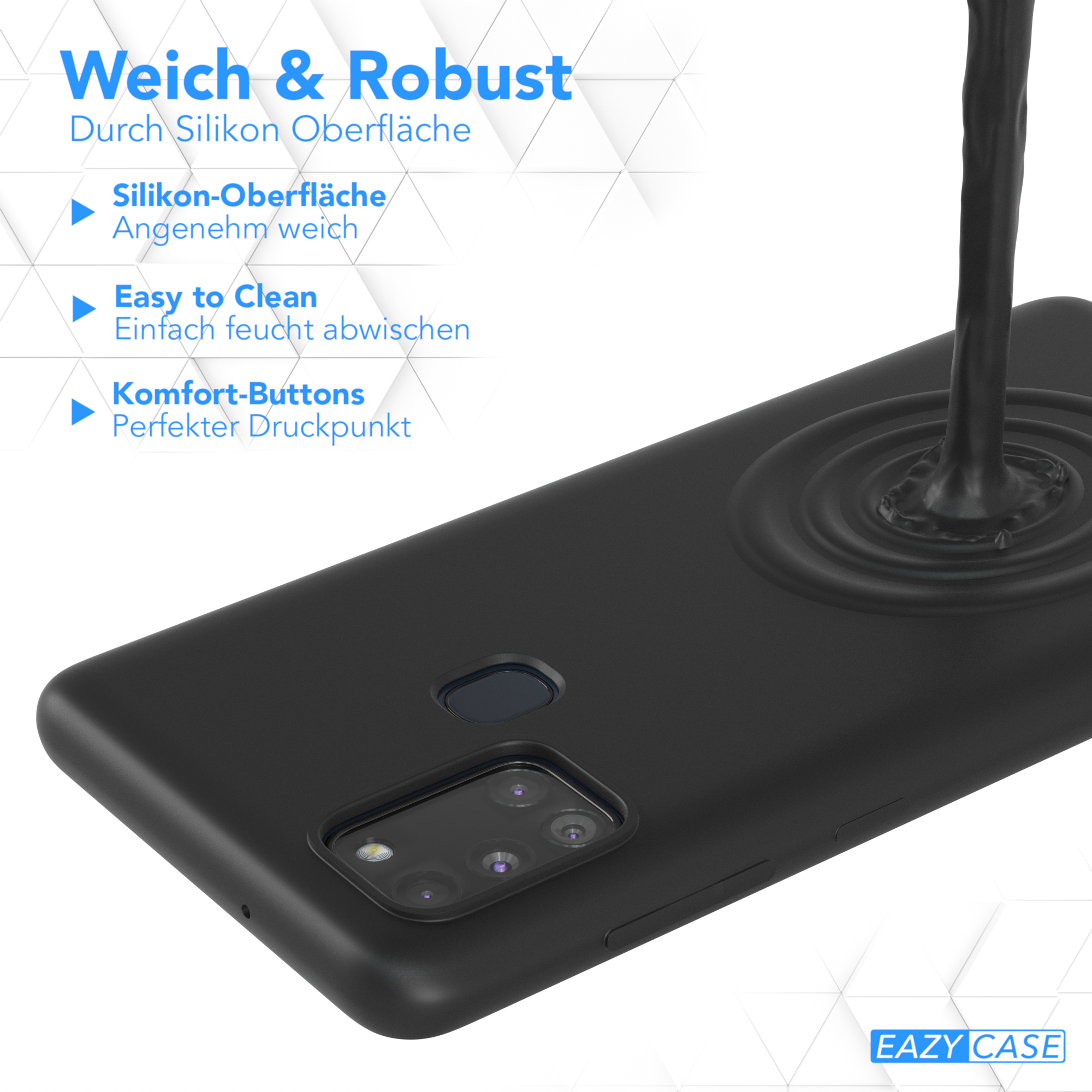 Schwarze Handyhülle, schwarze Flüssigkeit wird darauf gegossen, Text 'Easy to Clean'.