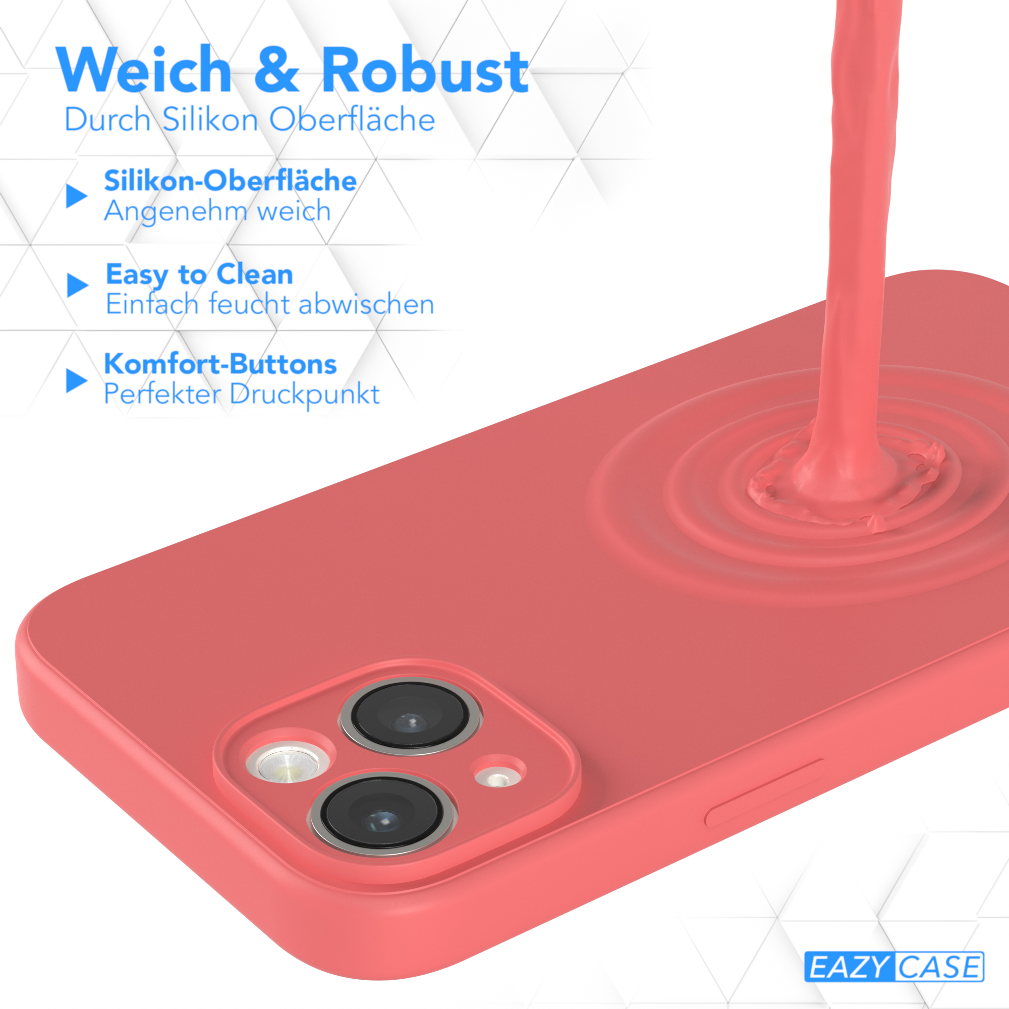 Rote Handyhülle mit Text: Weich & Robust. Silikonoberfläche, leicht zu reinigen, komfortable Tasten. Rote Flüssigkeit fließt.