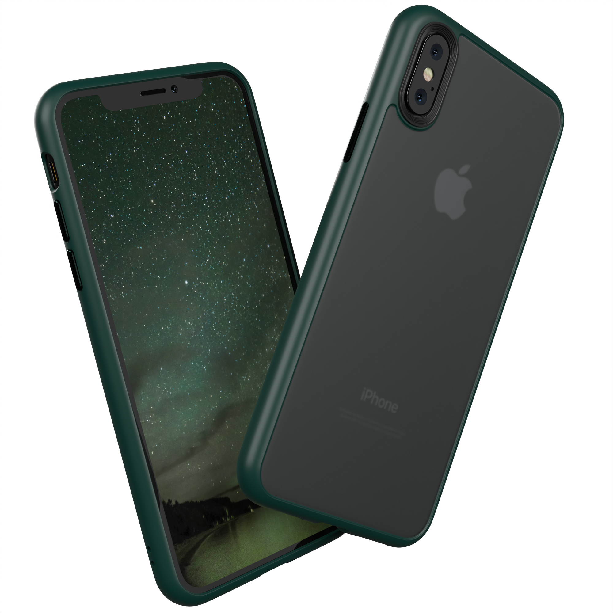 Dunkelgrüne Handyhülle und Telefon mit Sternenhimmel-Hintergrund.