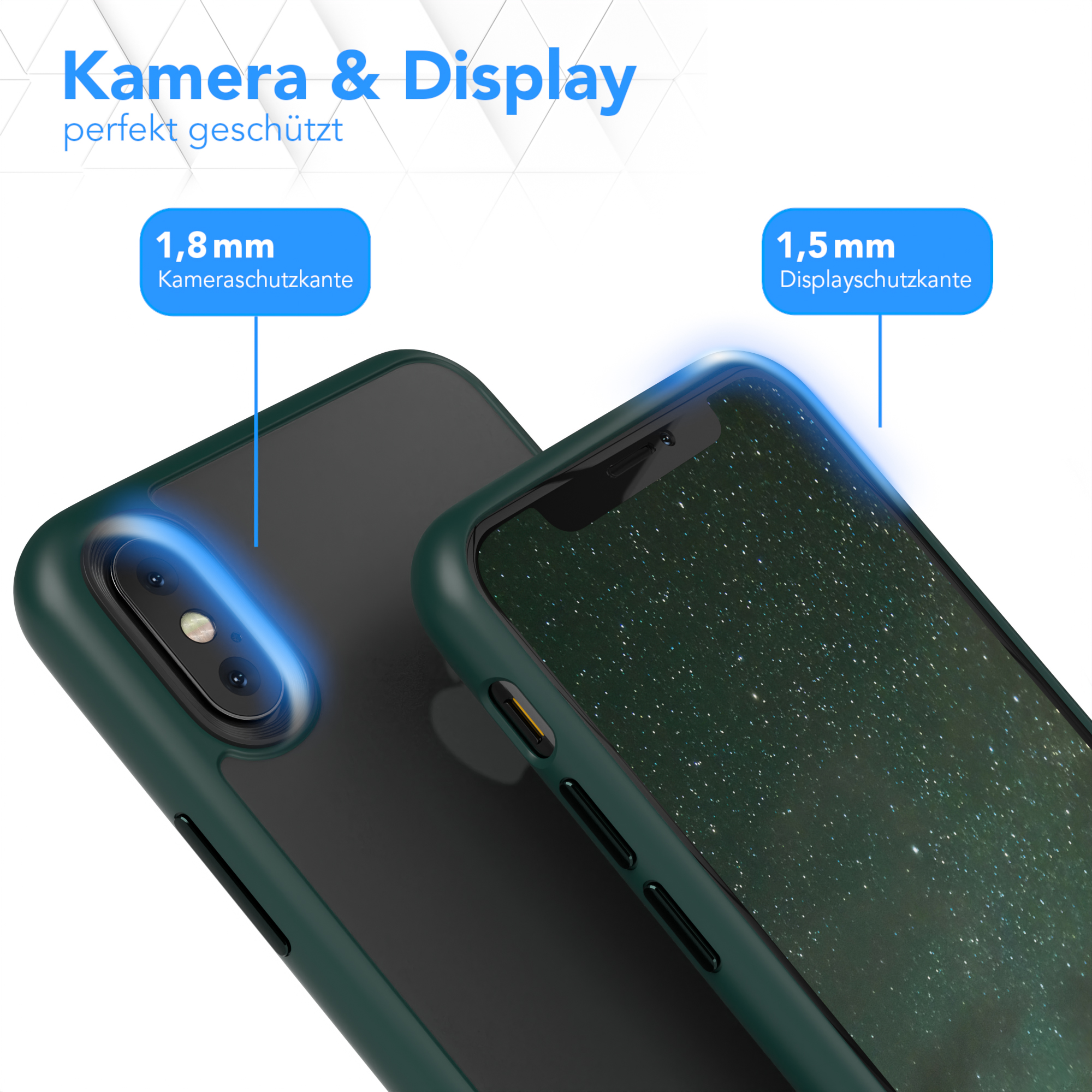 Zwei Telefone mit Hüllen, eines grün, eines schwarz. Text oben: Kamera & Display perfekt geschützt.