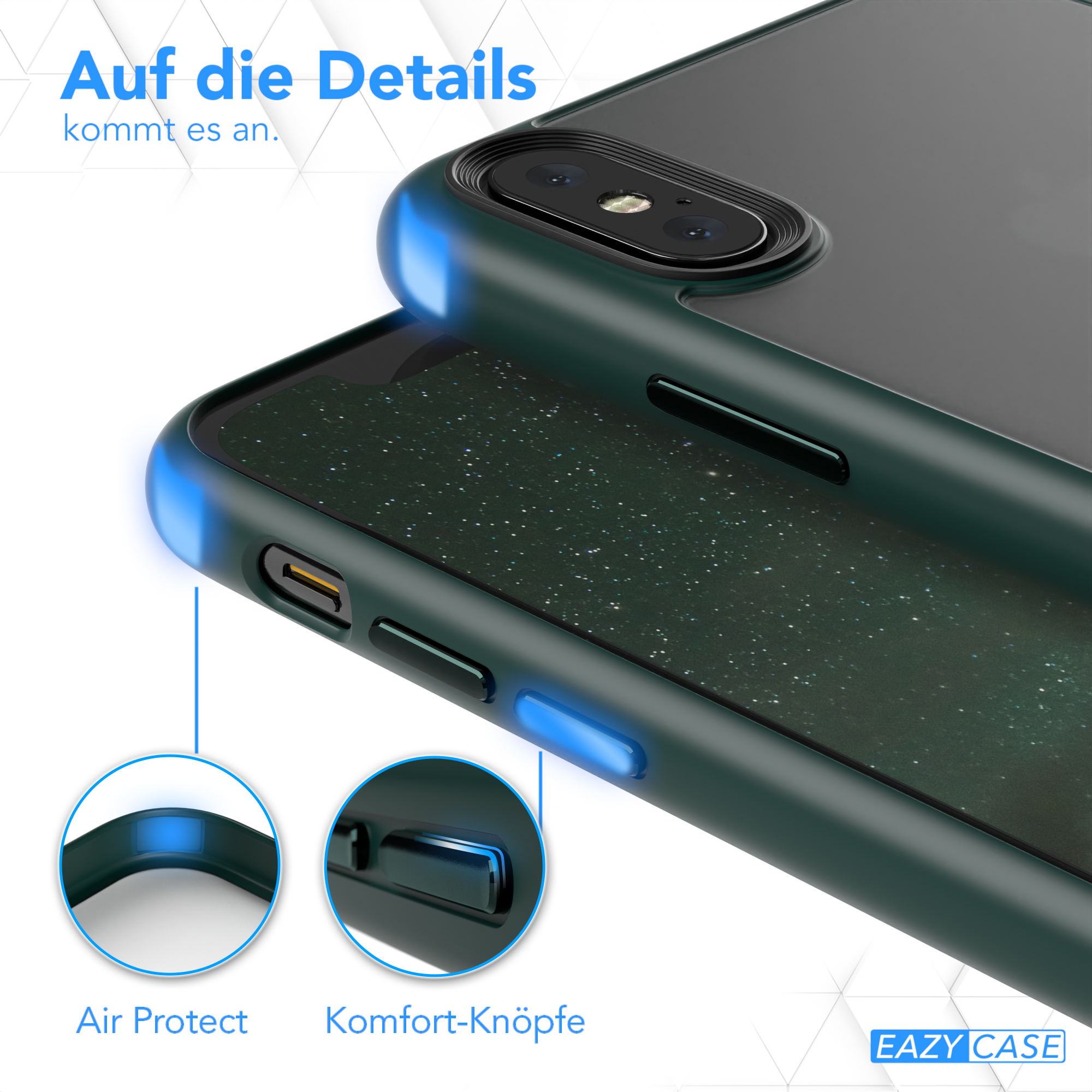 Nahaufnahme von Handyhülle und Telefon. Air Protect und Komfort-Tasten sind blau hervorgehoben.