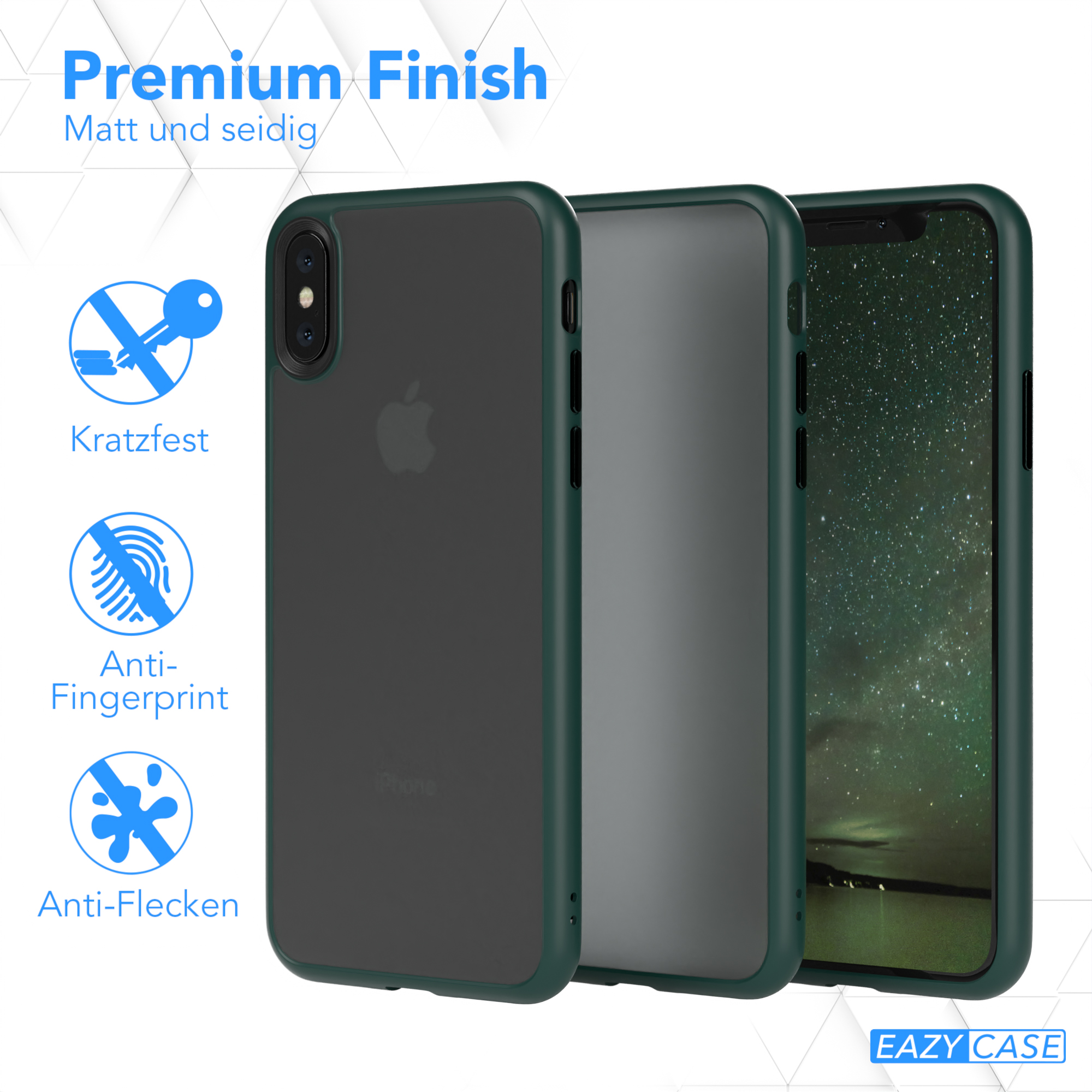 Drei Handyhüllen in verschiedenen Farben mit Text 'Premium Finish', die Funktionen zeigen.