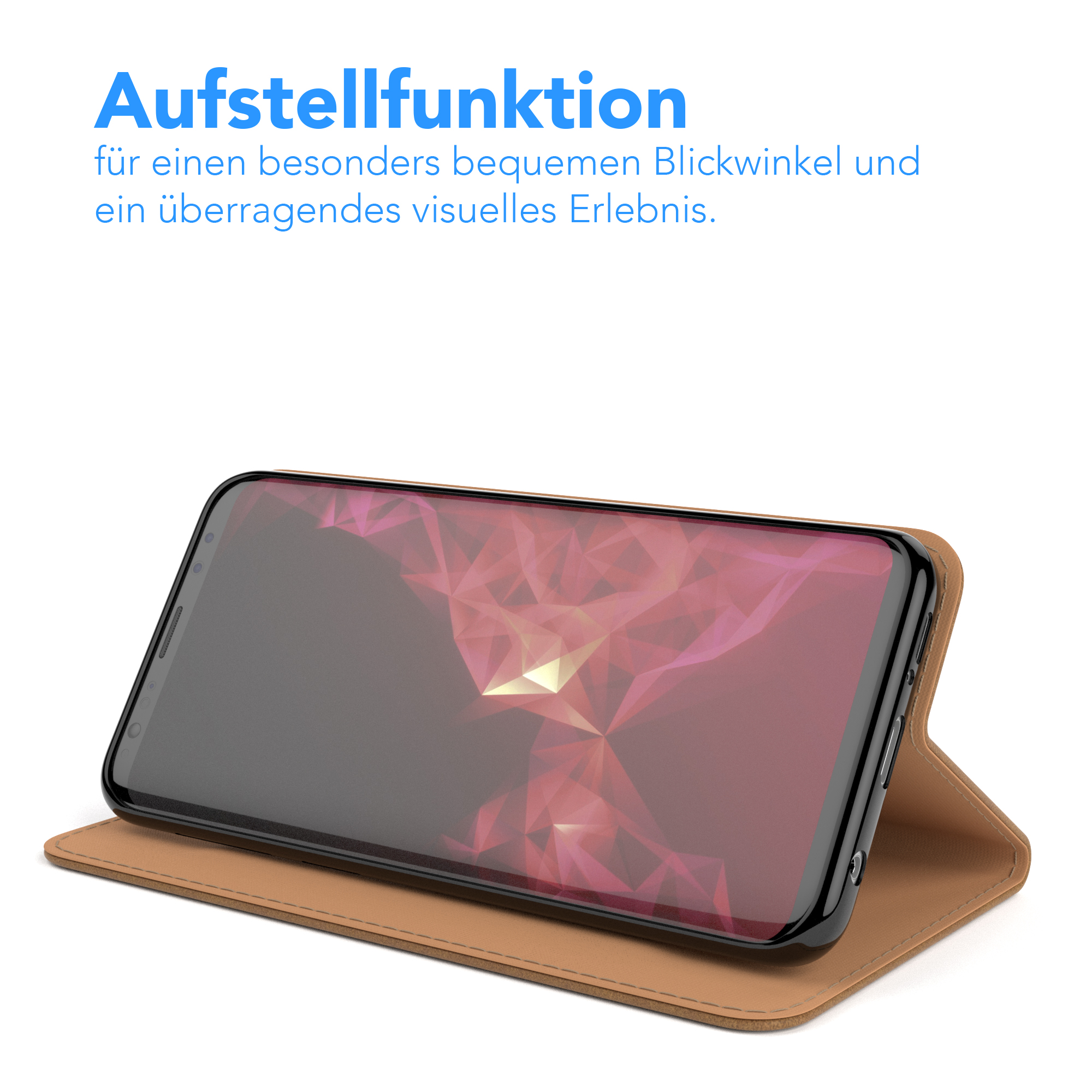Ein Telefon in einer braunen Hülle, abgewinkelt, um den Bildschirm zu zeigen. Die Hülle ist offen, das Telefon wird gehalten.