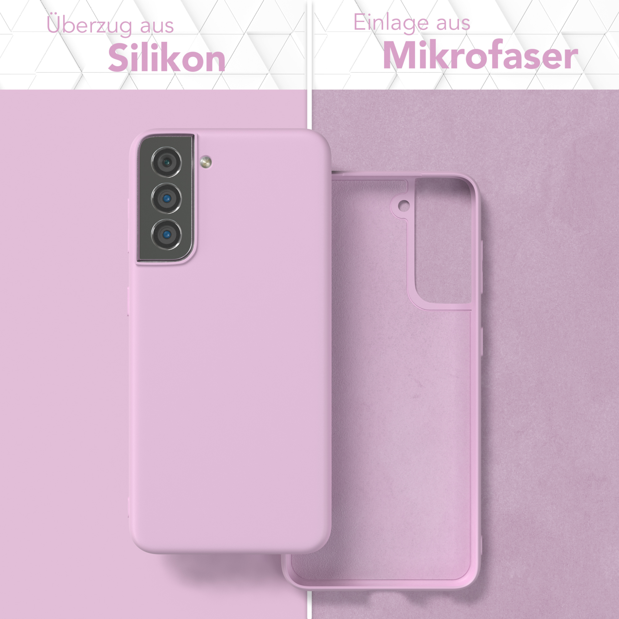 Eine rosa Handyhülle und ihre Innenabdeckung. Der Hintergrund ist auch rosa.