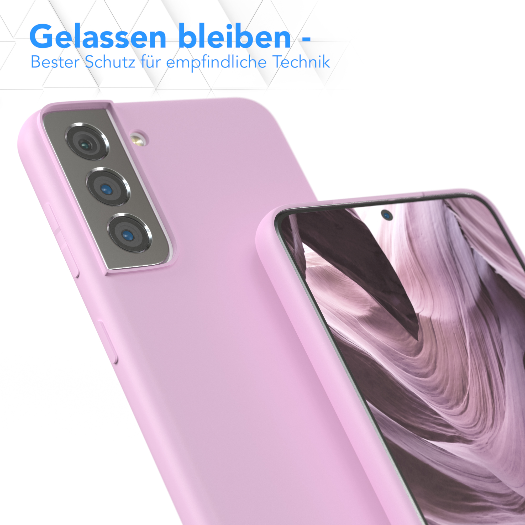 Lilafarbene Handyhüllen mit Telefon. Der Text sagt 'Bleib ruhig - bester Schutz'.