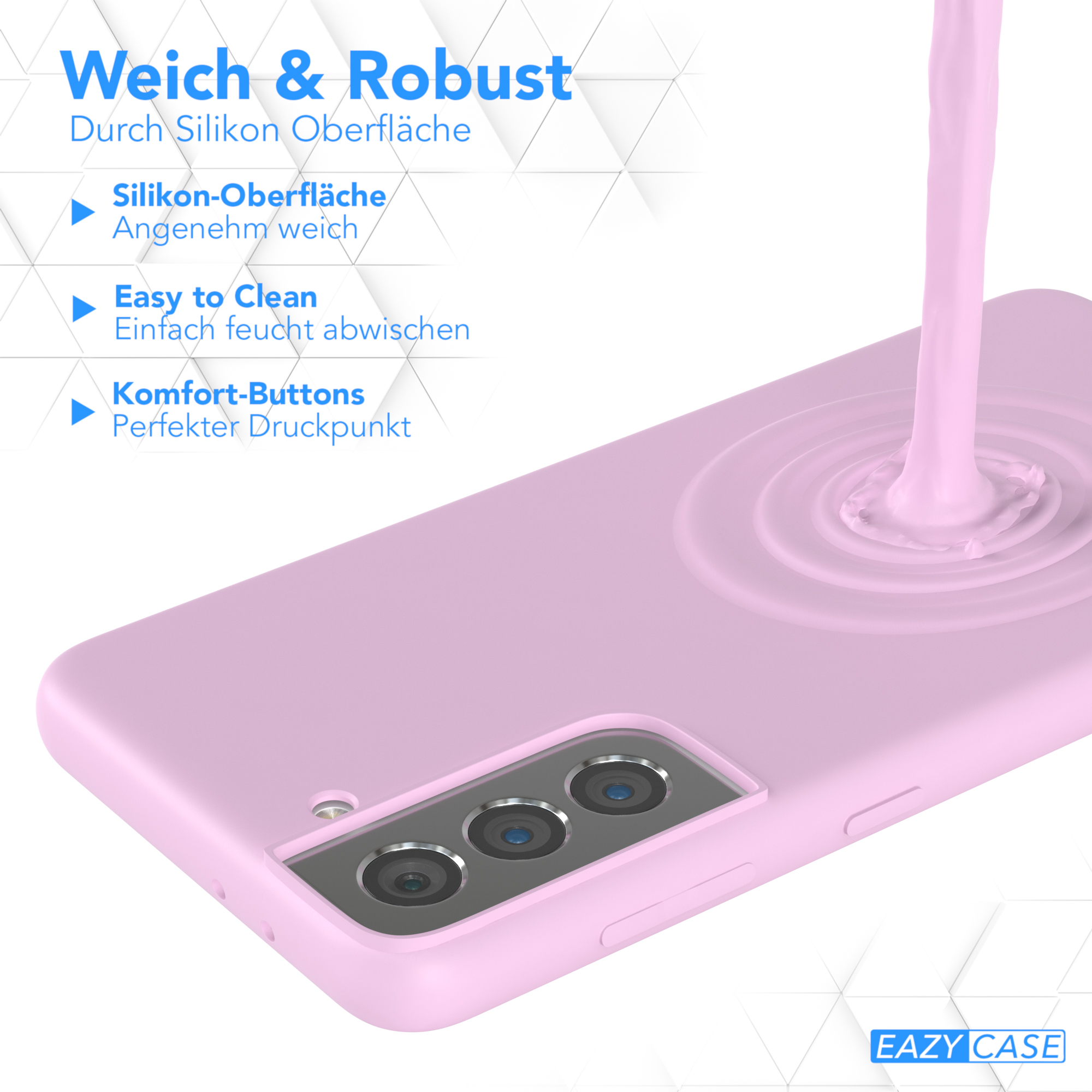 Eine rosa Handyhülle, auf die eine Flüssigkeit gegossen wird. Die Hülle hat Kameralinsen und den Text 'EAZY CASE'.
