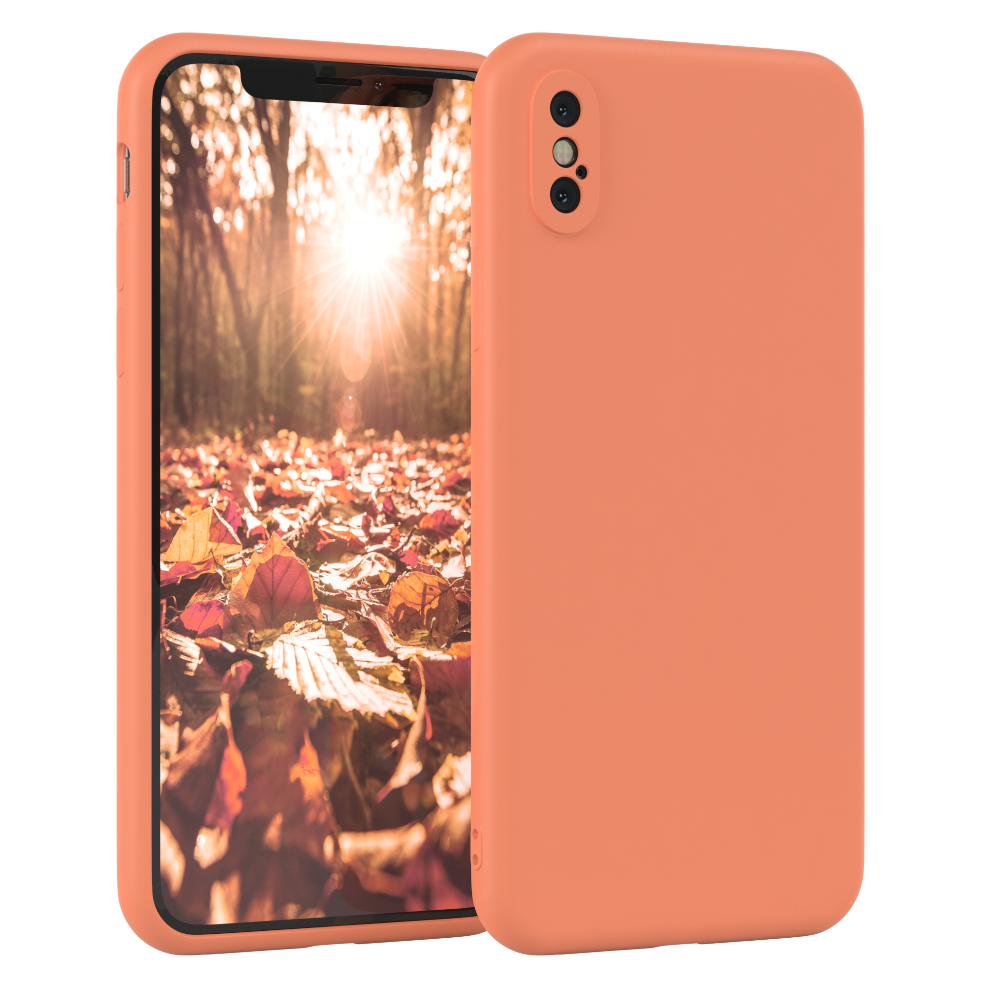 Korallfarbene Handyhülle und Telefon mit Herbstwaldszene.
