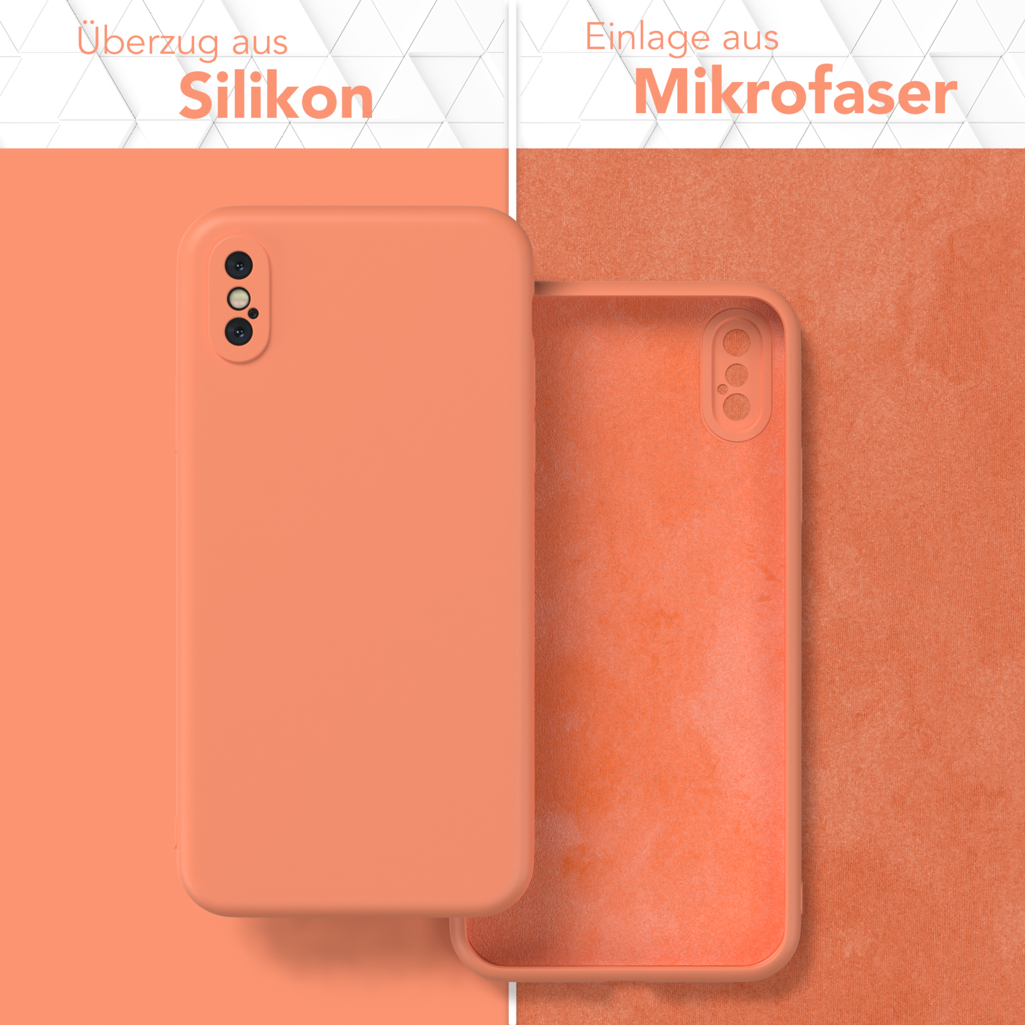 Zwei orangefarbene Handyhüllen. Eine ist geöffnet und zeigt ein Innenfutter aus Mikrofaser.