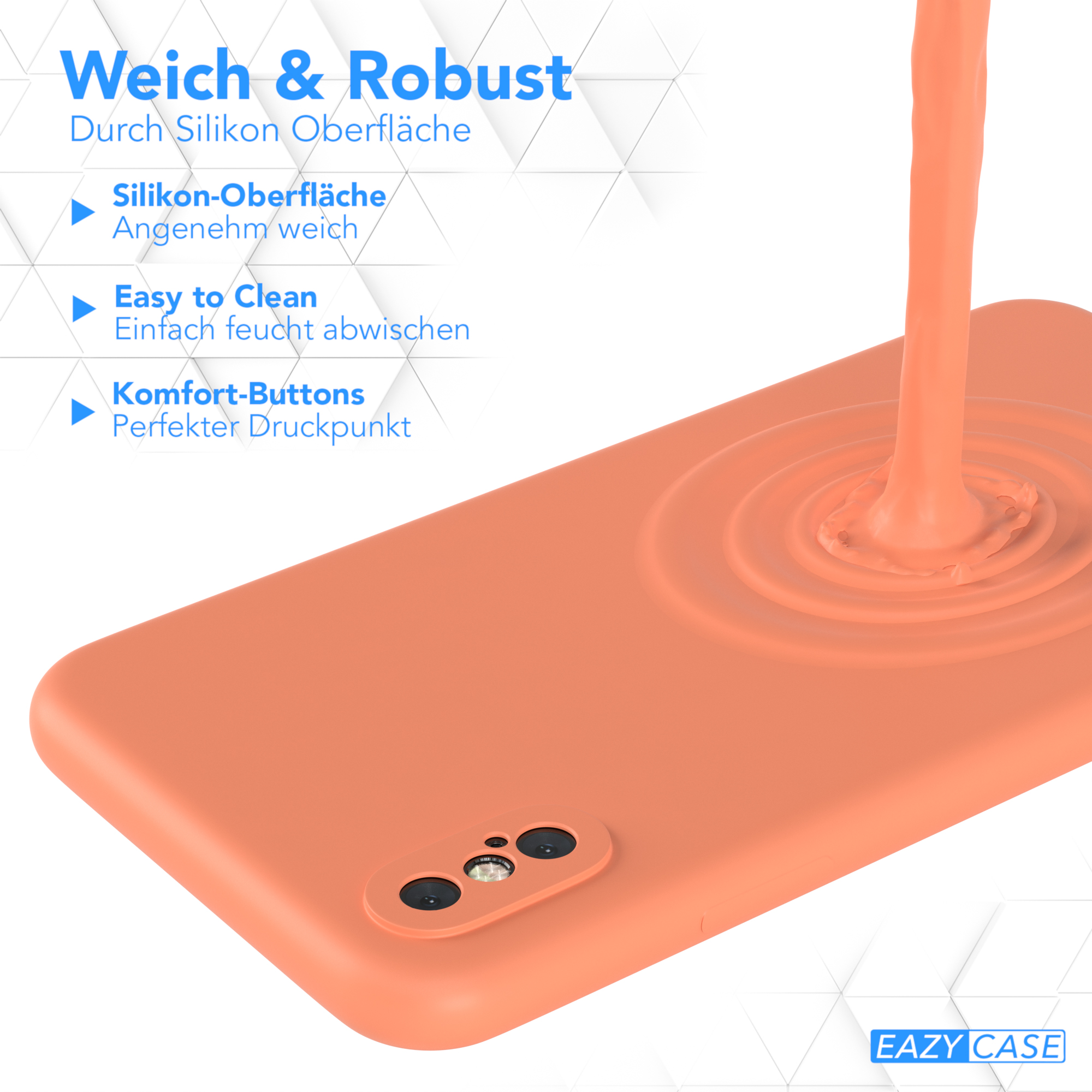 Orangefarbene Handyhülle, auf die von oben Flüssigkeit gegossen wird, Design hervorheben.