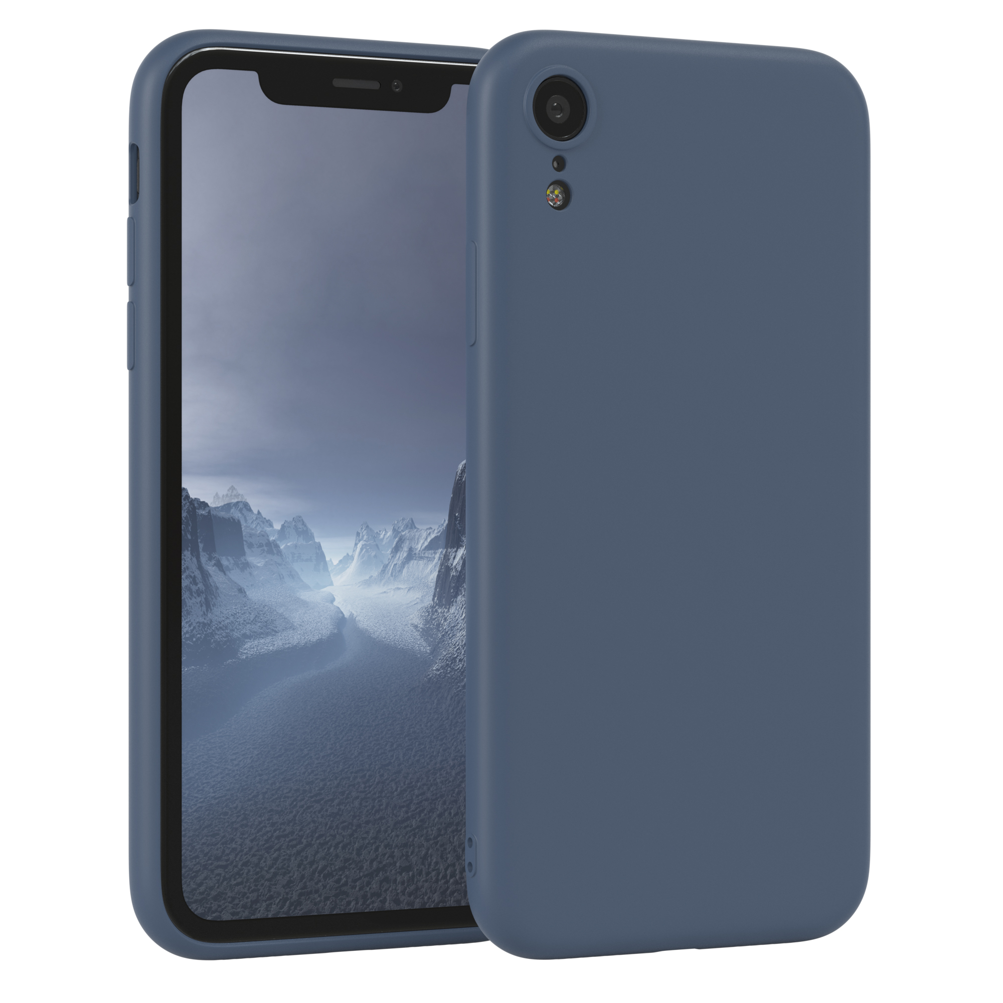 Blaue Handyhülle mit Telefon, zeigt schneebedeckte Bergkette.