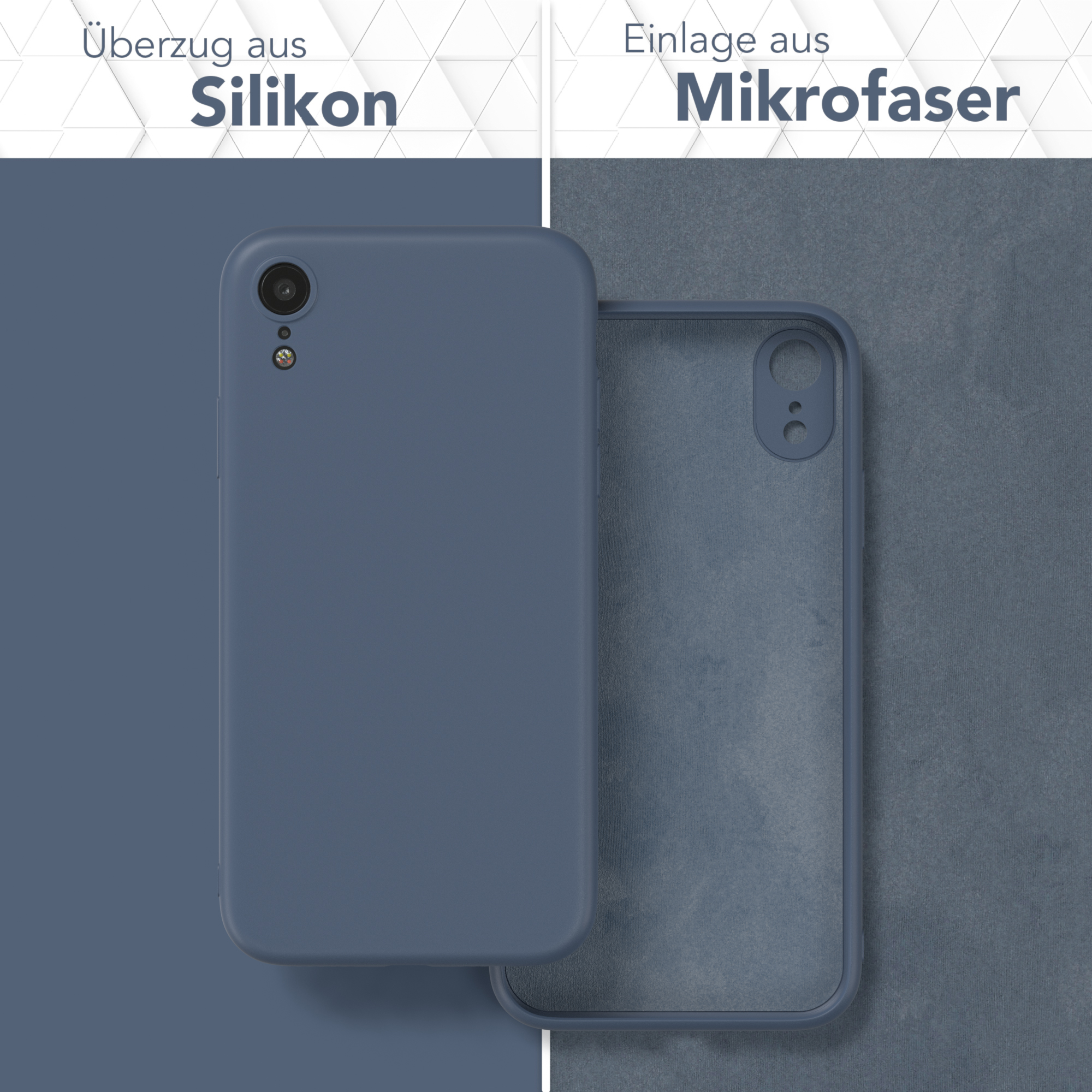 Eine blaue Handyhülle mit Silikon außen und Mikrofaser innen.