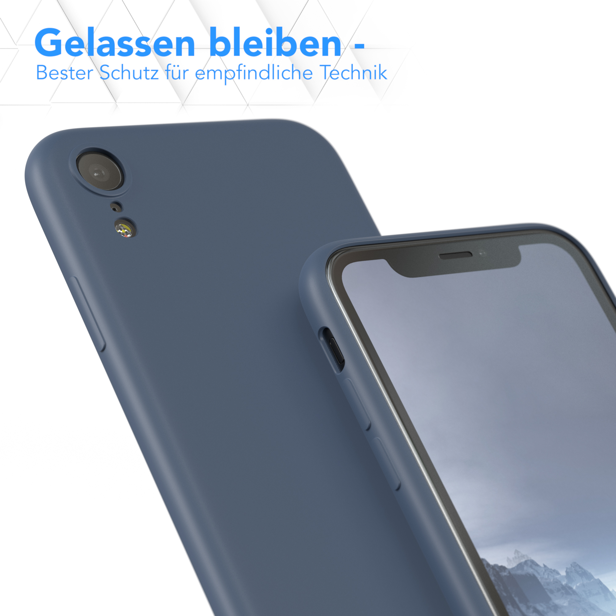 Eine blaue Handyhülle mit Telefon und Text darüber, das Telefon rechts.