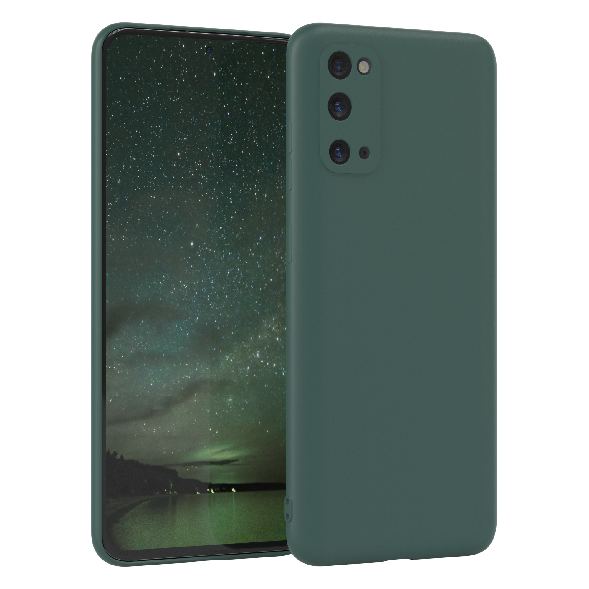Dunkelgrüne Handyhülle. Ein Telefon mit Hülle, Sternennacht.