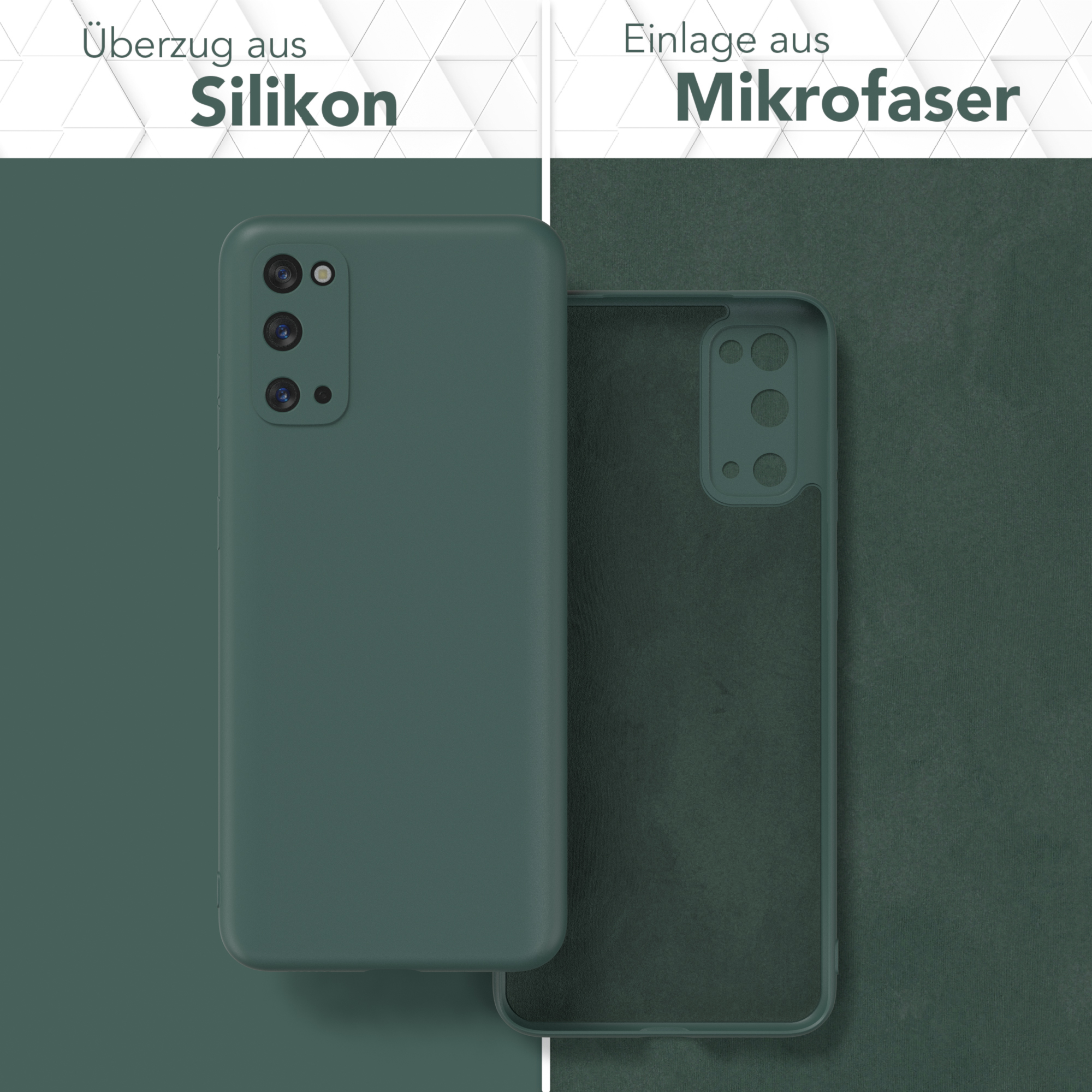 Zwei Handyhüllen, eine mit Silikon außen und Mikrofaser innen.