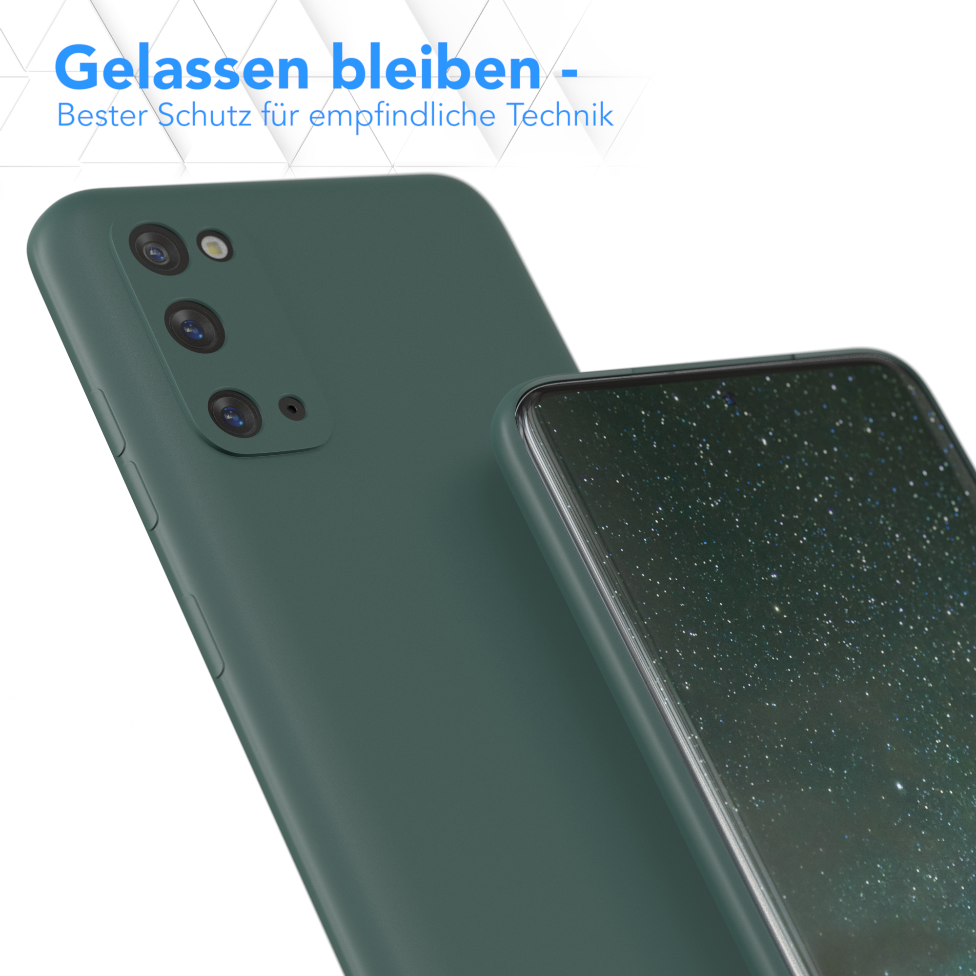 Eine grüne Handyhülle, die Kameralinsen und den Rand eines Telefonbildschirms mit Sternen im Hintergrund zeigt.