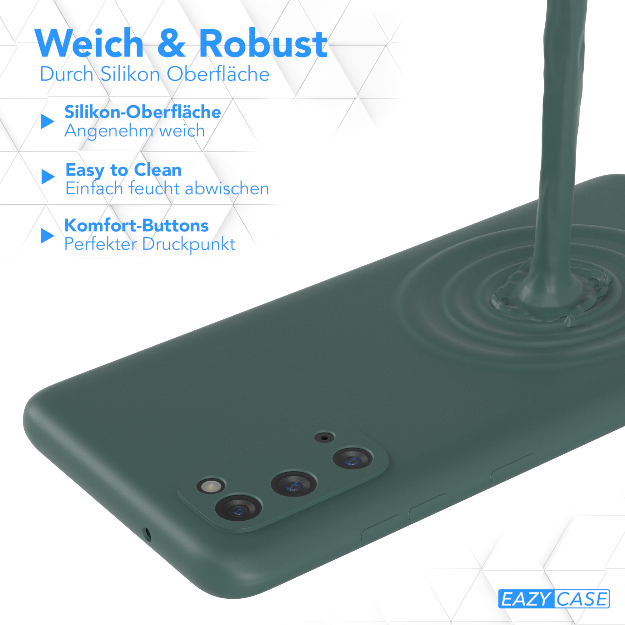 Grüne Handyhülle mit drei Kameralinsen. Grüne Flüssigkeit gießt. Text: Weich & Robust, Easy to Clean, Komfort-Buttons.