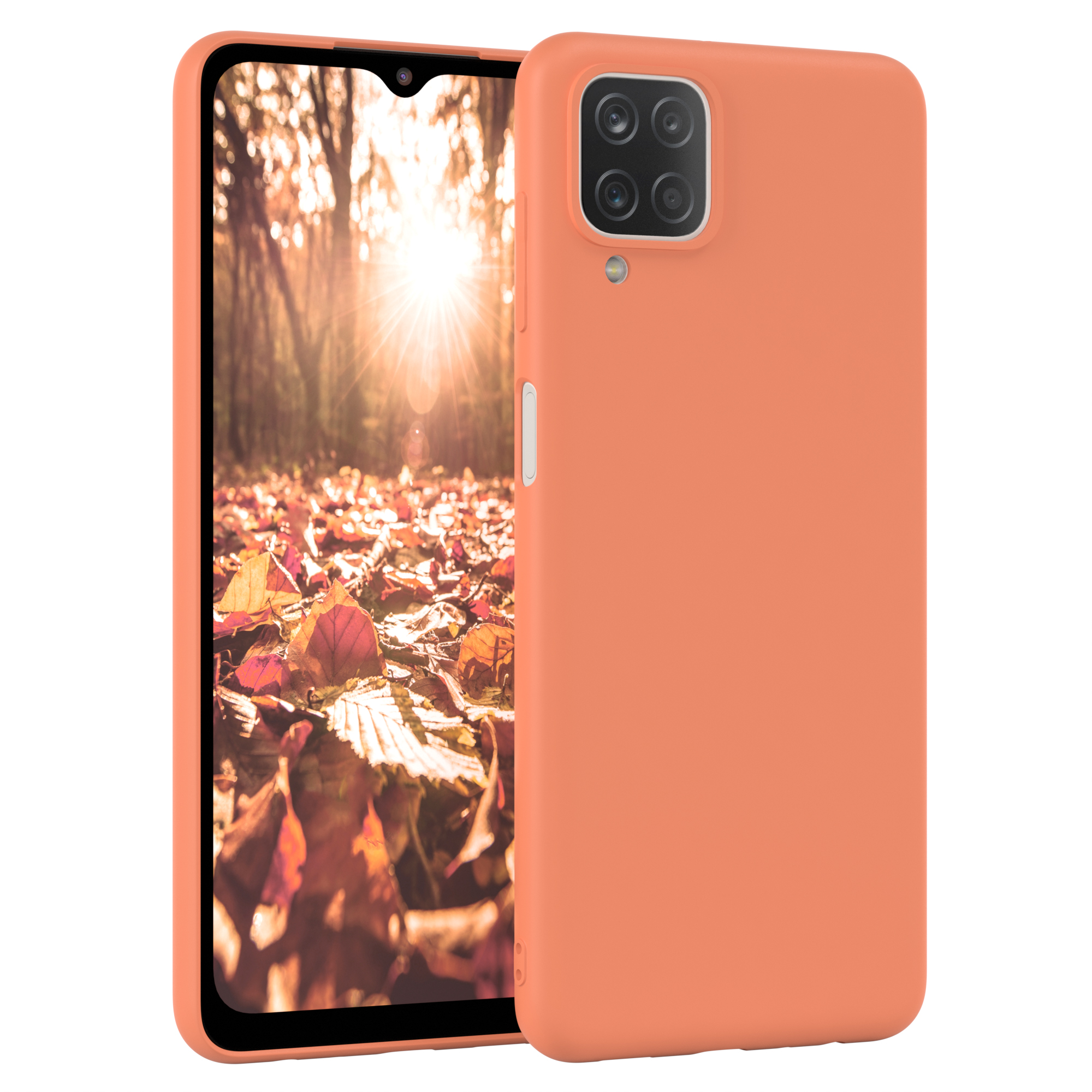 Orange Handyhülle mit Blättern und Sonne auf dem Bildschirm. Der Hintergrund ist ein Wald.