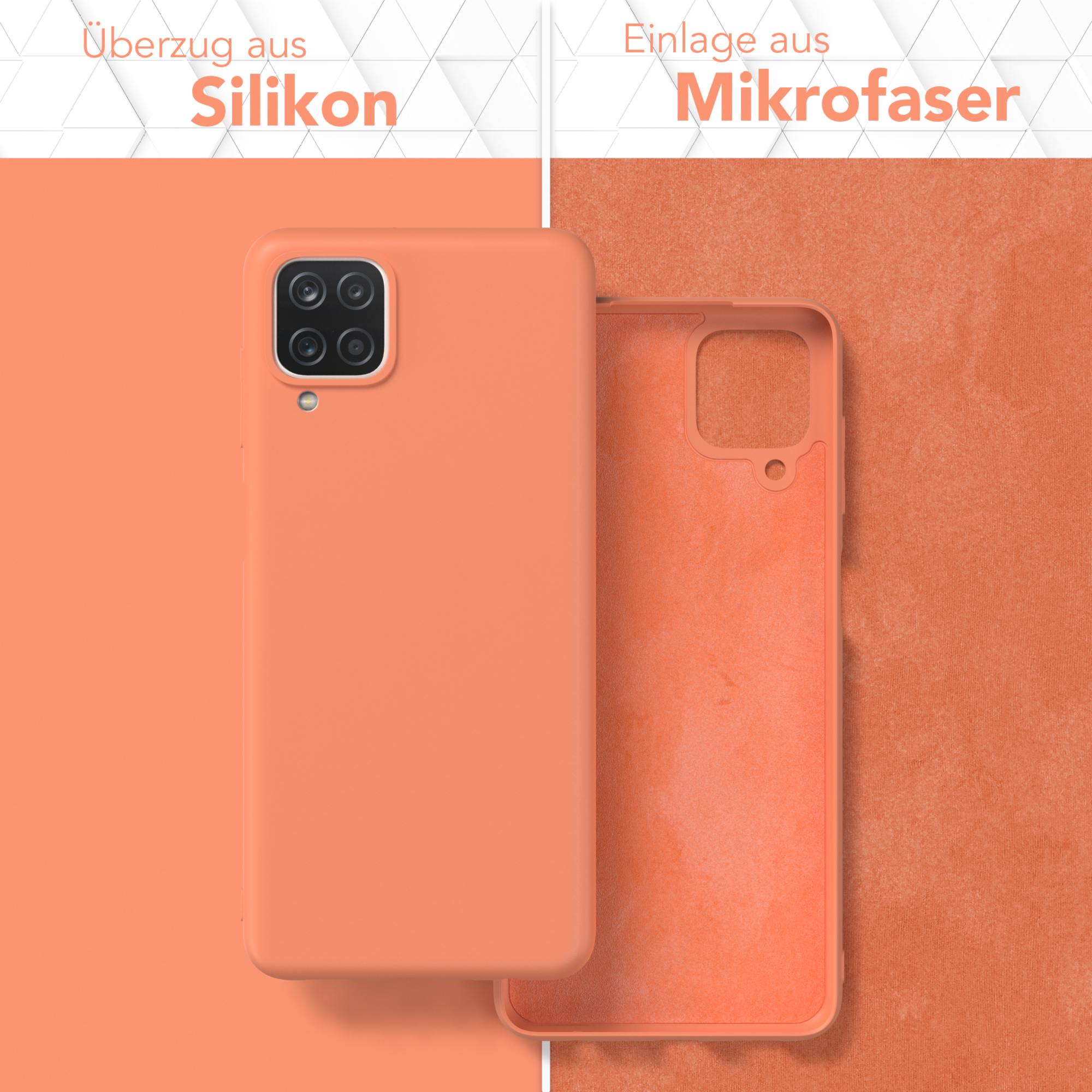 Eine orangefarbene Handyhülle mit Mikrofaser-Innenausstattung. Die Hülle wird geöffnet und geschlossen gezeigt.