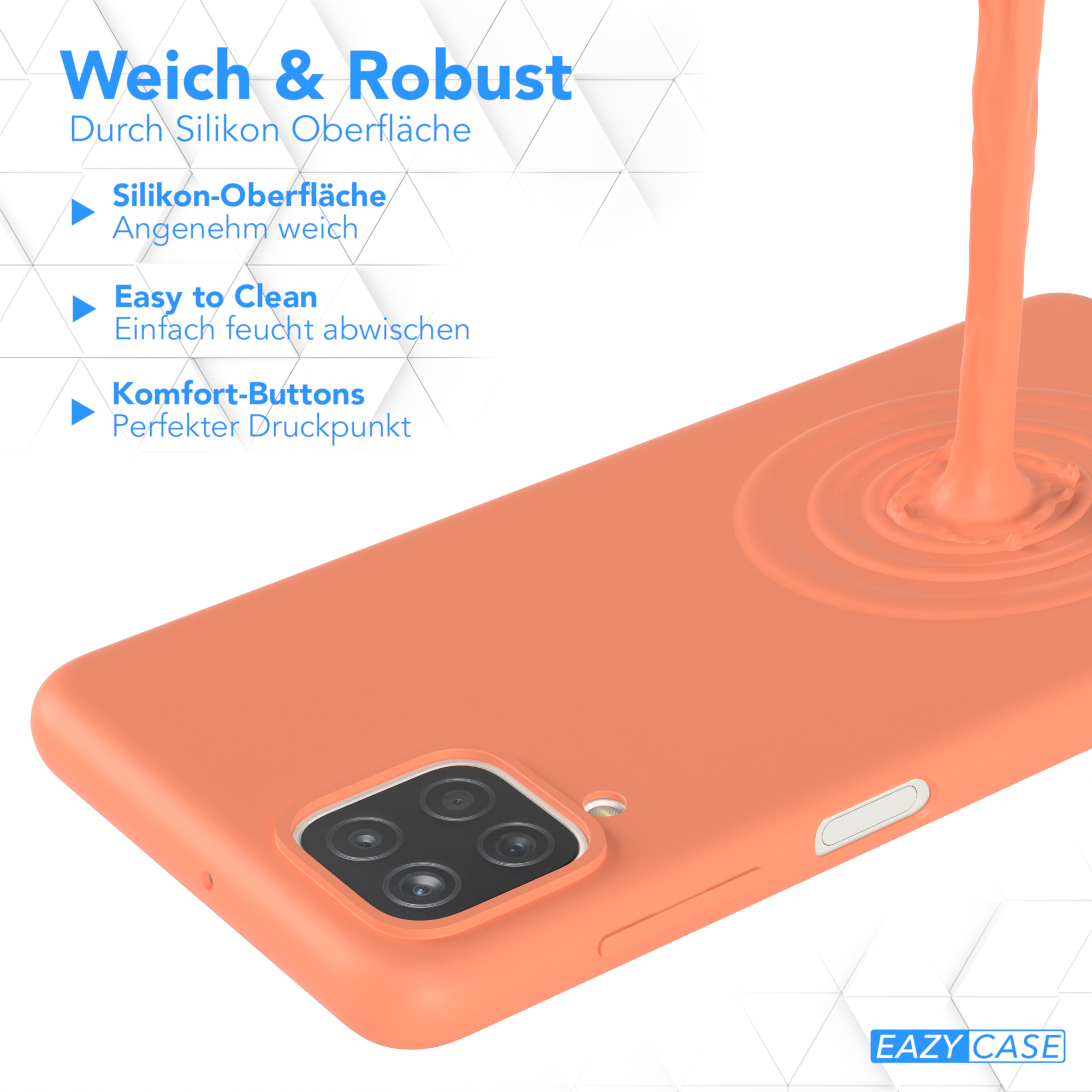 Orangenes Handycase mit Flüssigkeit, die darauf gegossen wird, und Text auf Deutsch.