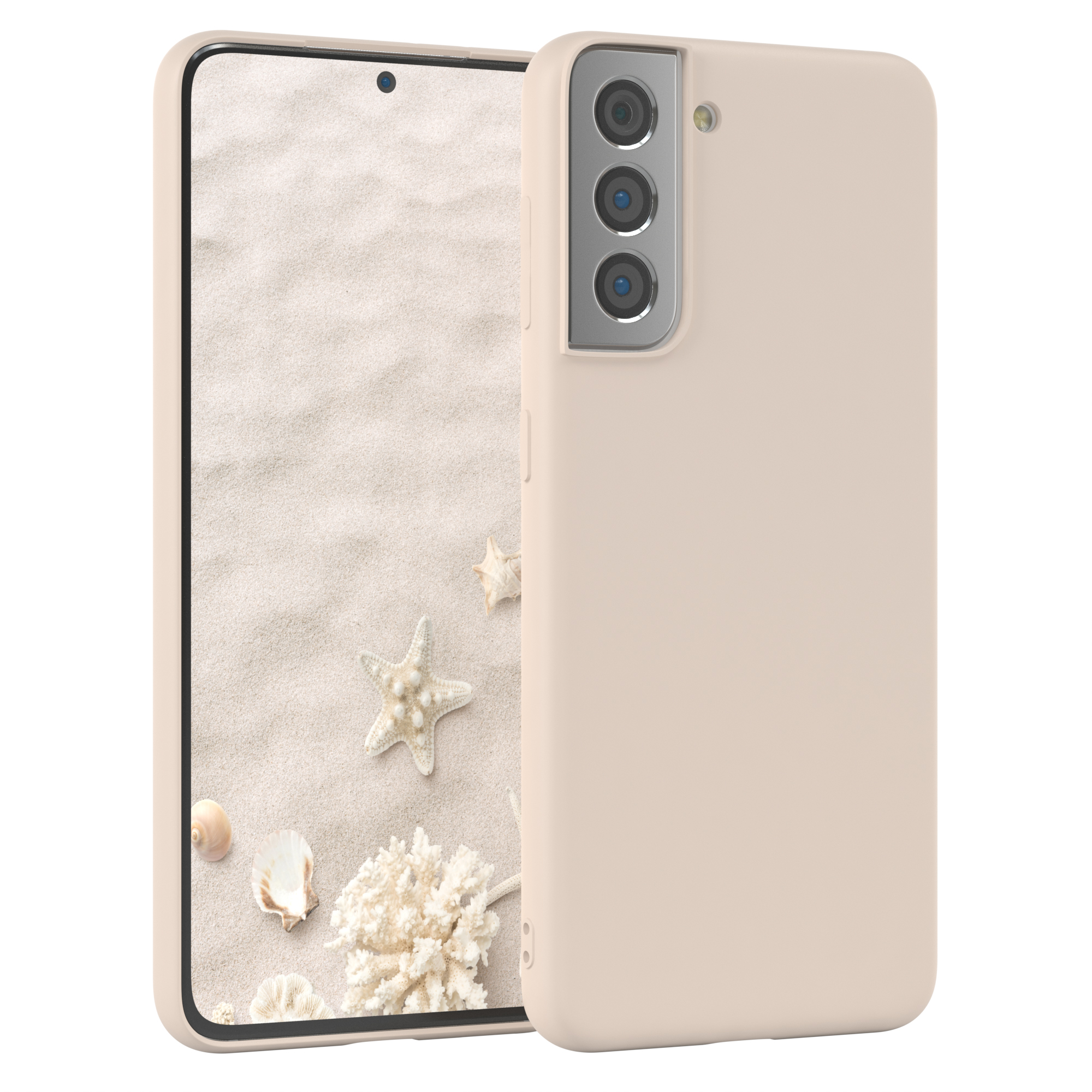 Hellrosa Telefon mit Hülle, zeigt Strand mit Muscheln und Seesternen.