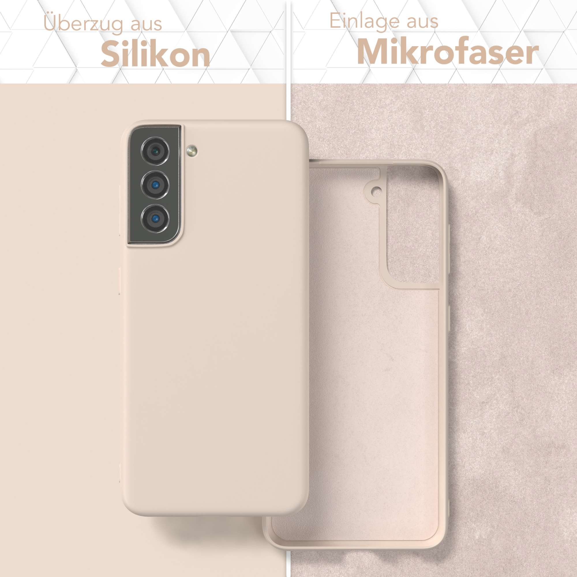 Eine beige Handyhülle und ihr Mikrofaser-Innenraum auf beigem Hintergrund.