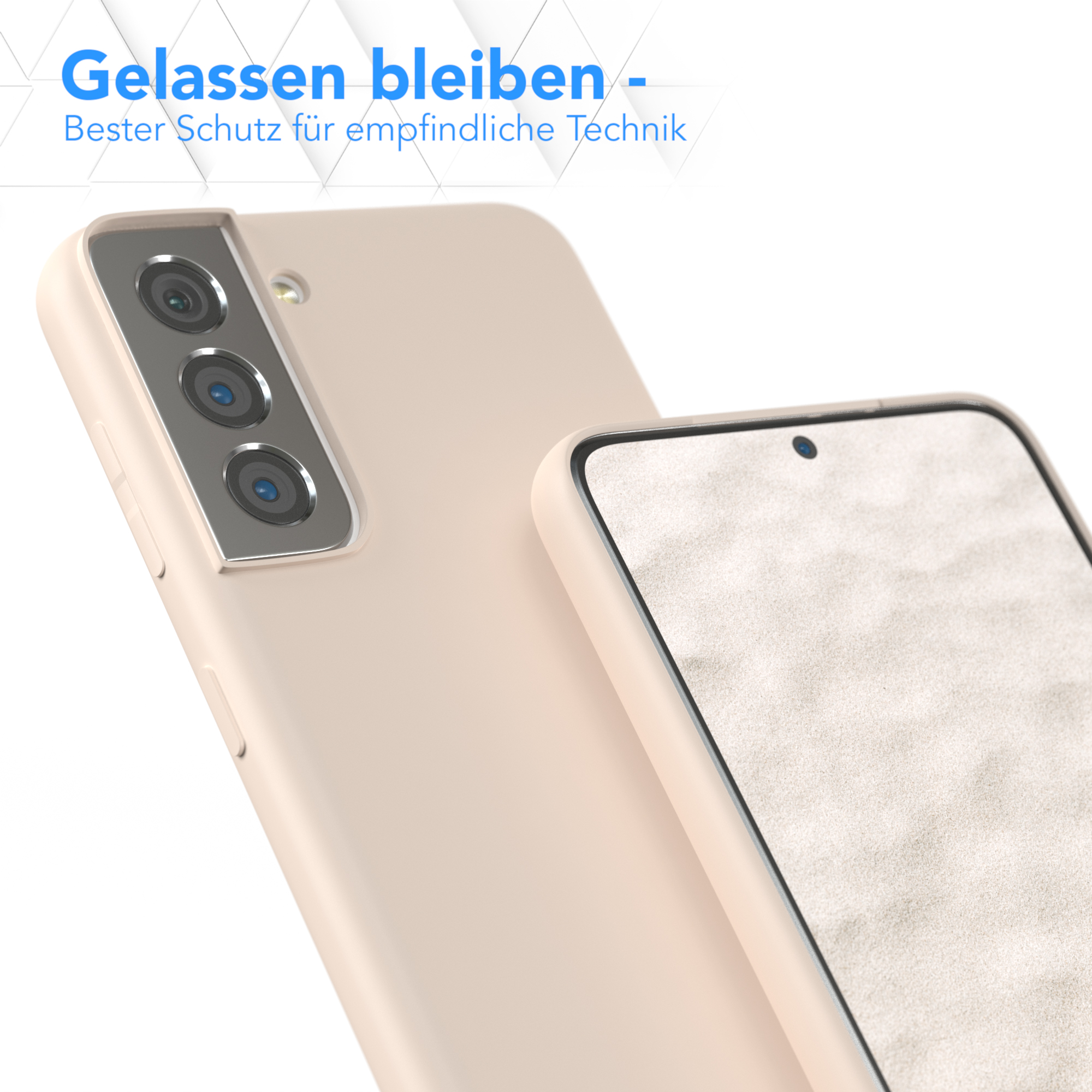 Cremefarbene Handyhülle mit Telefon, Fokus auf Kameralinsen. Text: 'Gelassen bleiben'.
