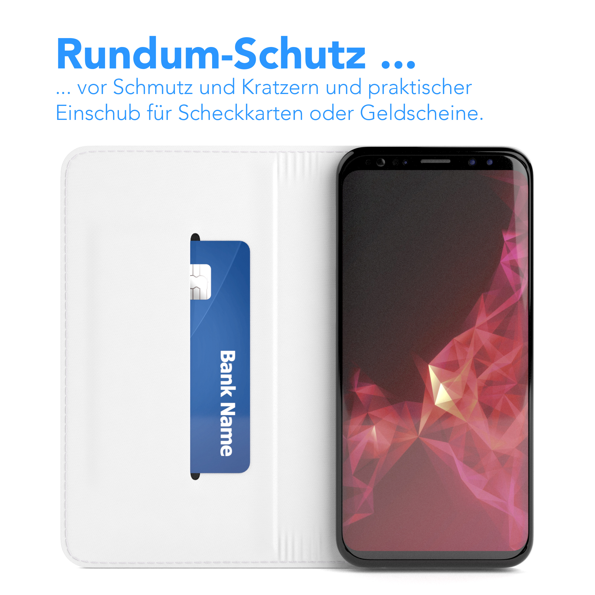 Weißes Handy-Case mit einer blauen Karte. Daneben liegt ein Telefon.