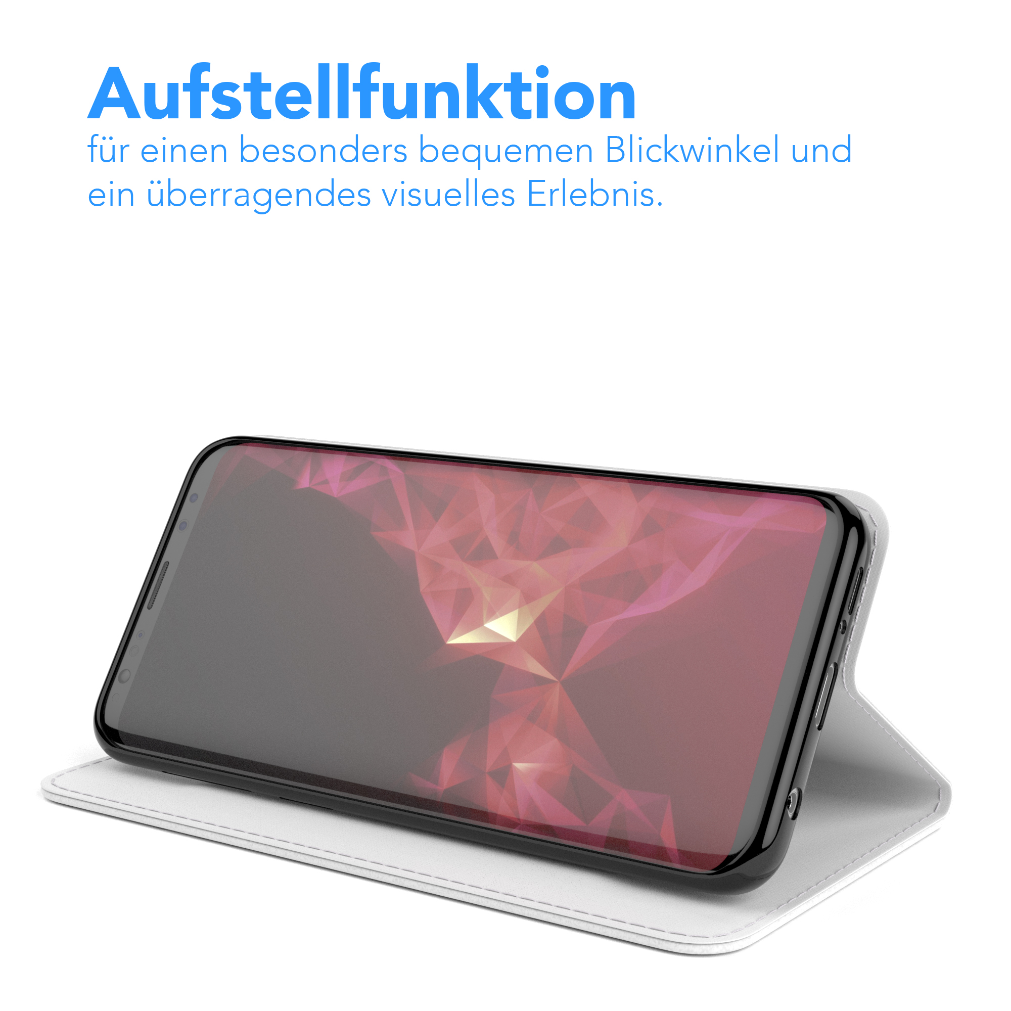 Telefon mit schwarzer Hülle in Aufstellposition, mit weißer Hülle im Hintergrund.