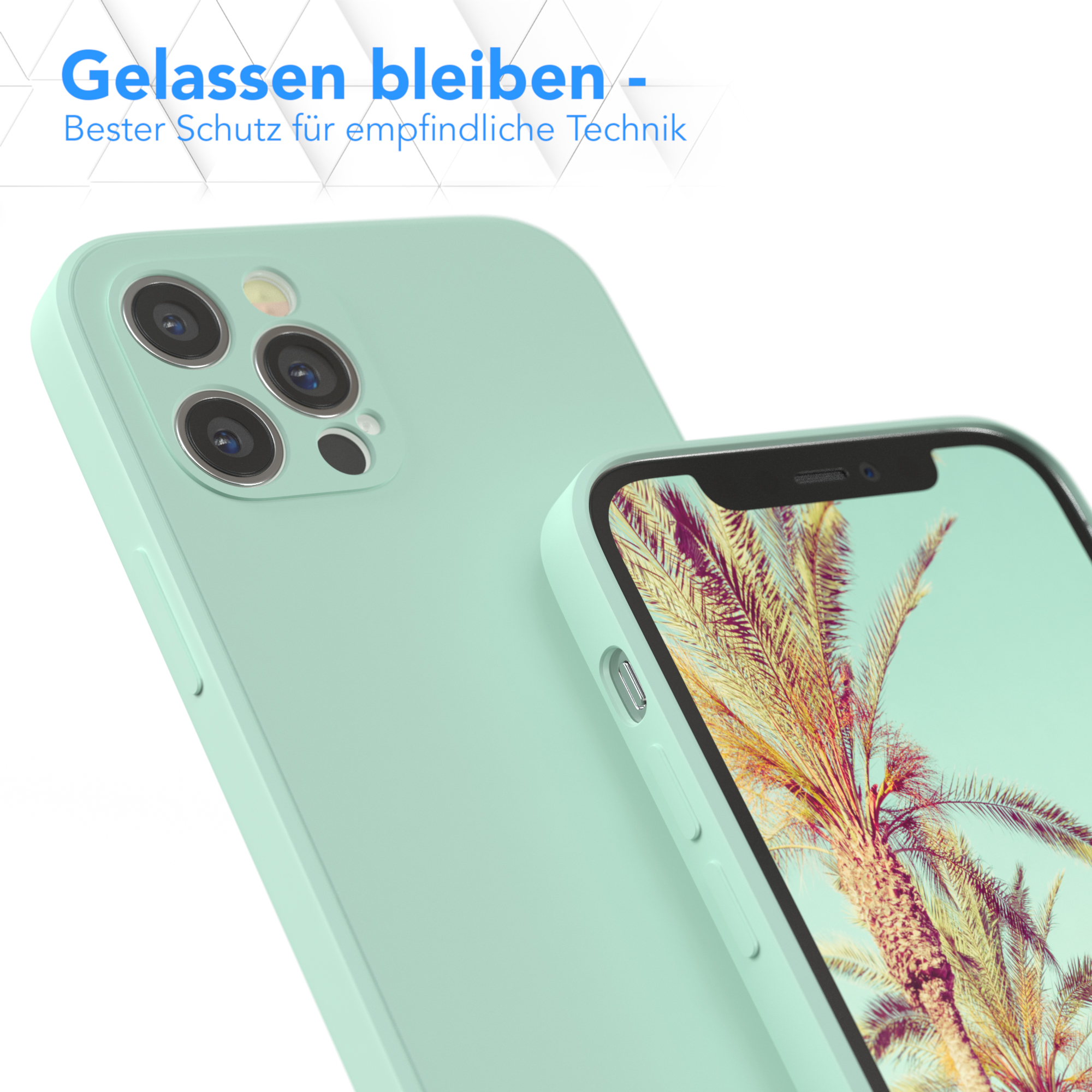 Zwei mintfarbene Handyhüllen, eine auf dem Telefon, die andere daneben. Text: Gelassen bleiben - Bester Schutz.