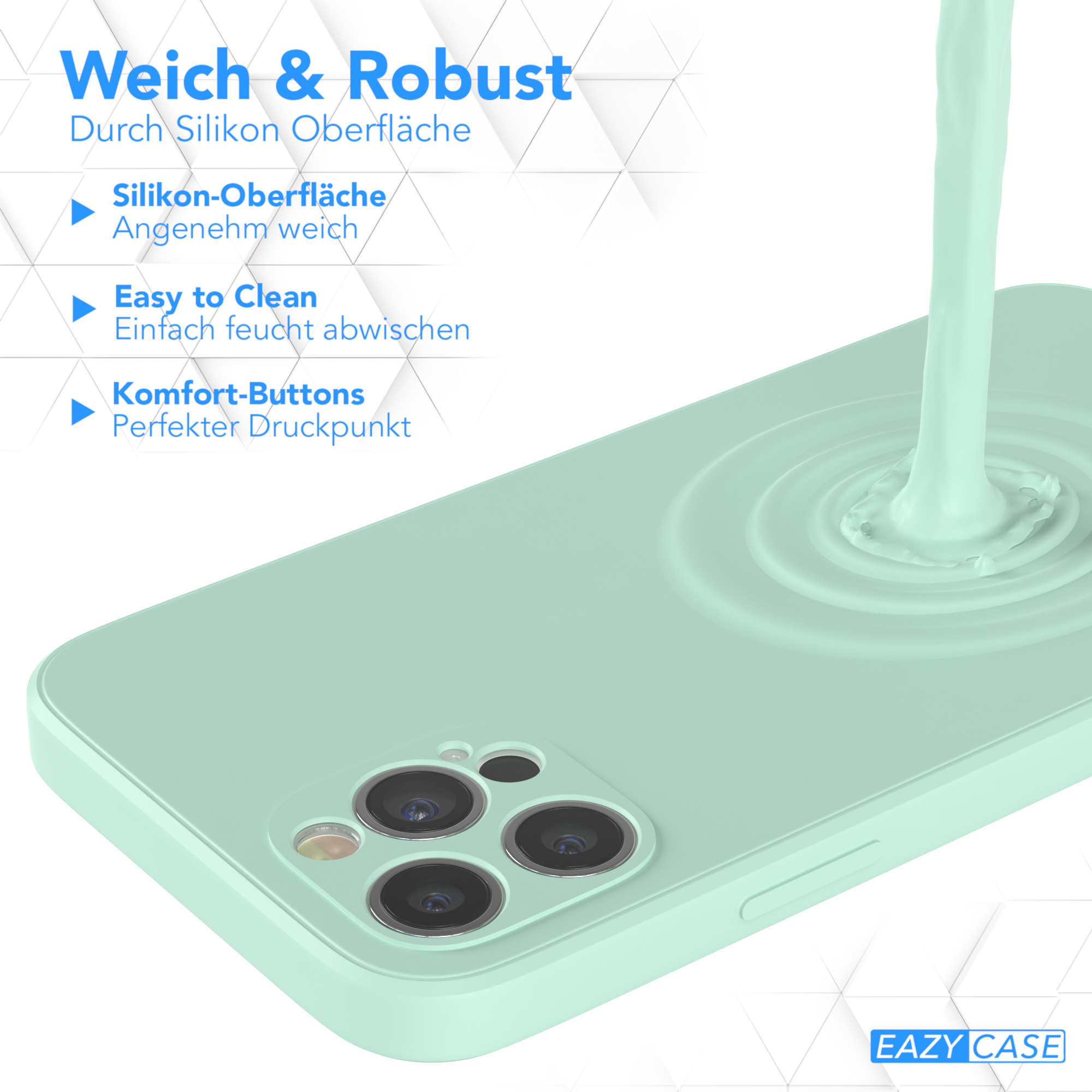 Minzgrüne Handyhülle, Wasser wird darüber gegossen. Text: Weich & Robust.