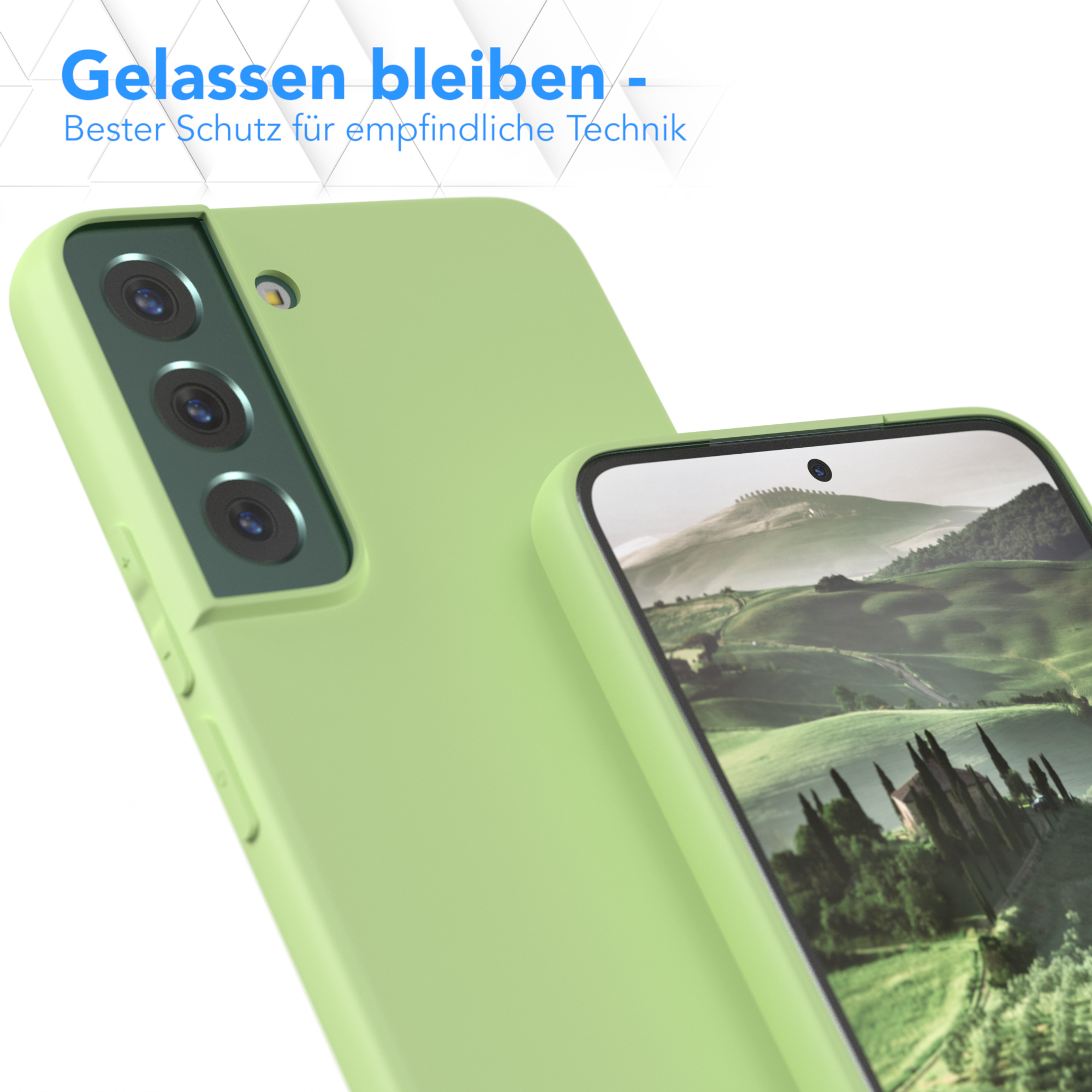 Eine grüne Handyhülle und ein Telefon mit landschaftlichem Hintergrund.