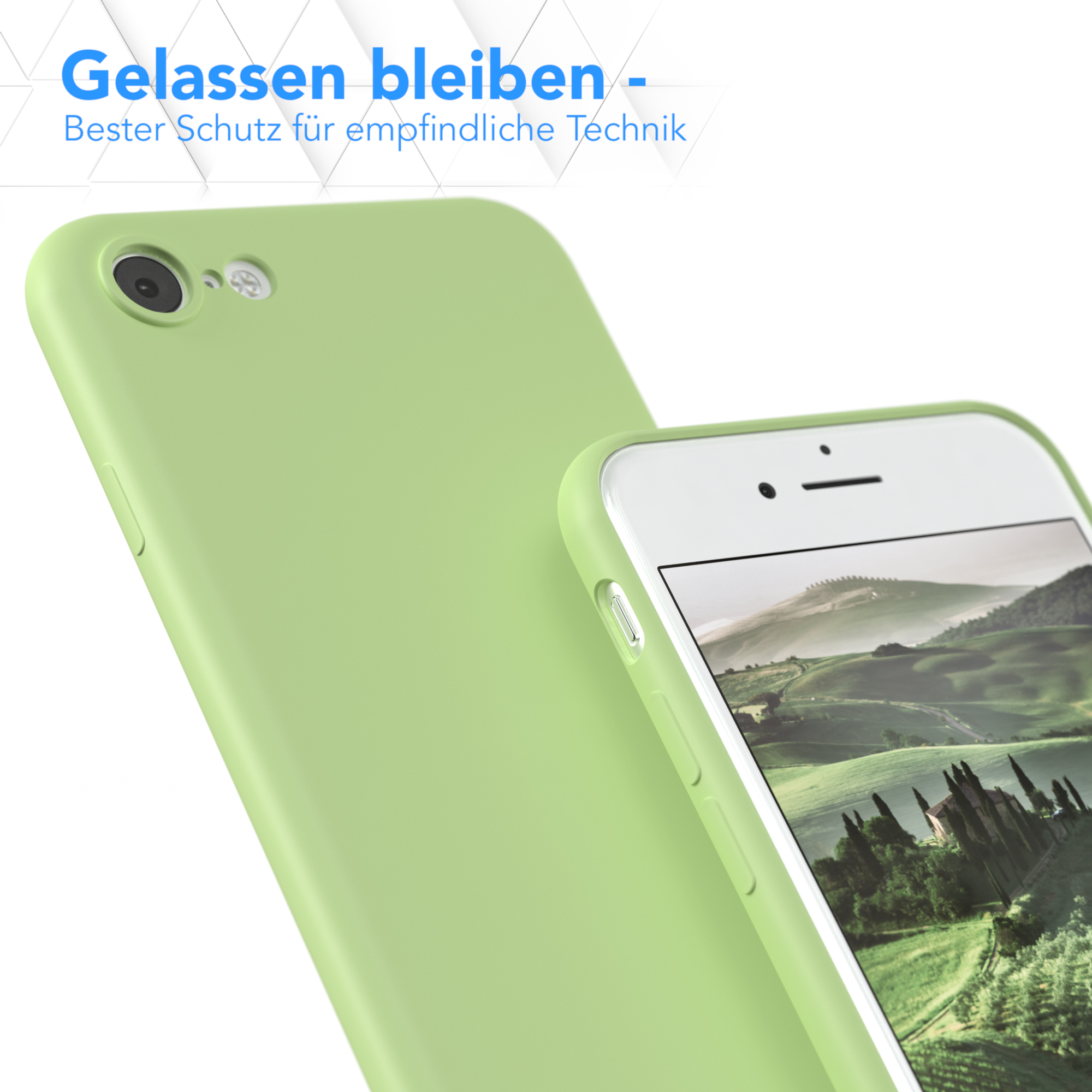Grüne Handyhülle, Nahaufnahme. Text: Gelassen bleiben, Bester Schutz für empfindliche Technik.