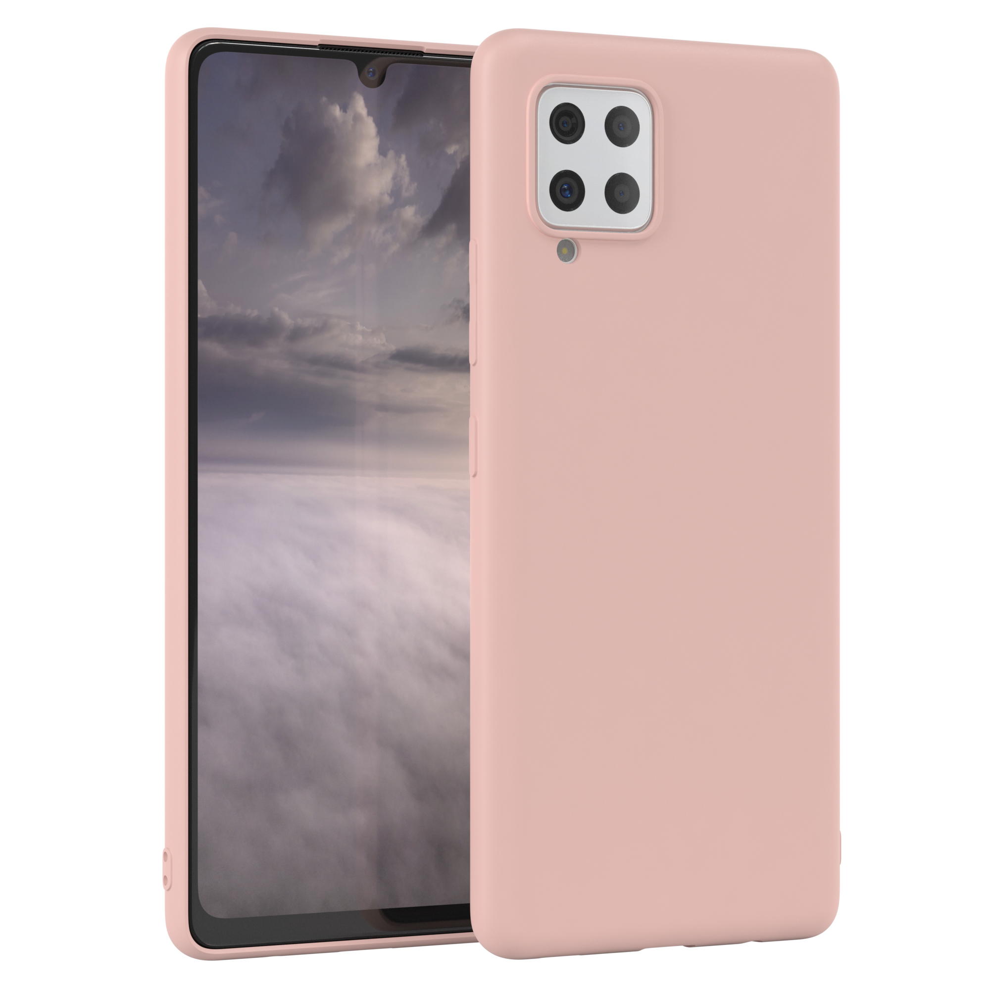 Rosa Handyhülle mit Telefon. Der Bildschirm zeigt eine bewölkte Landschaft.