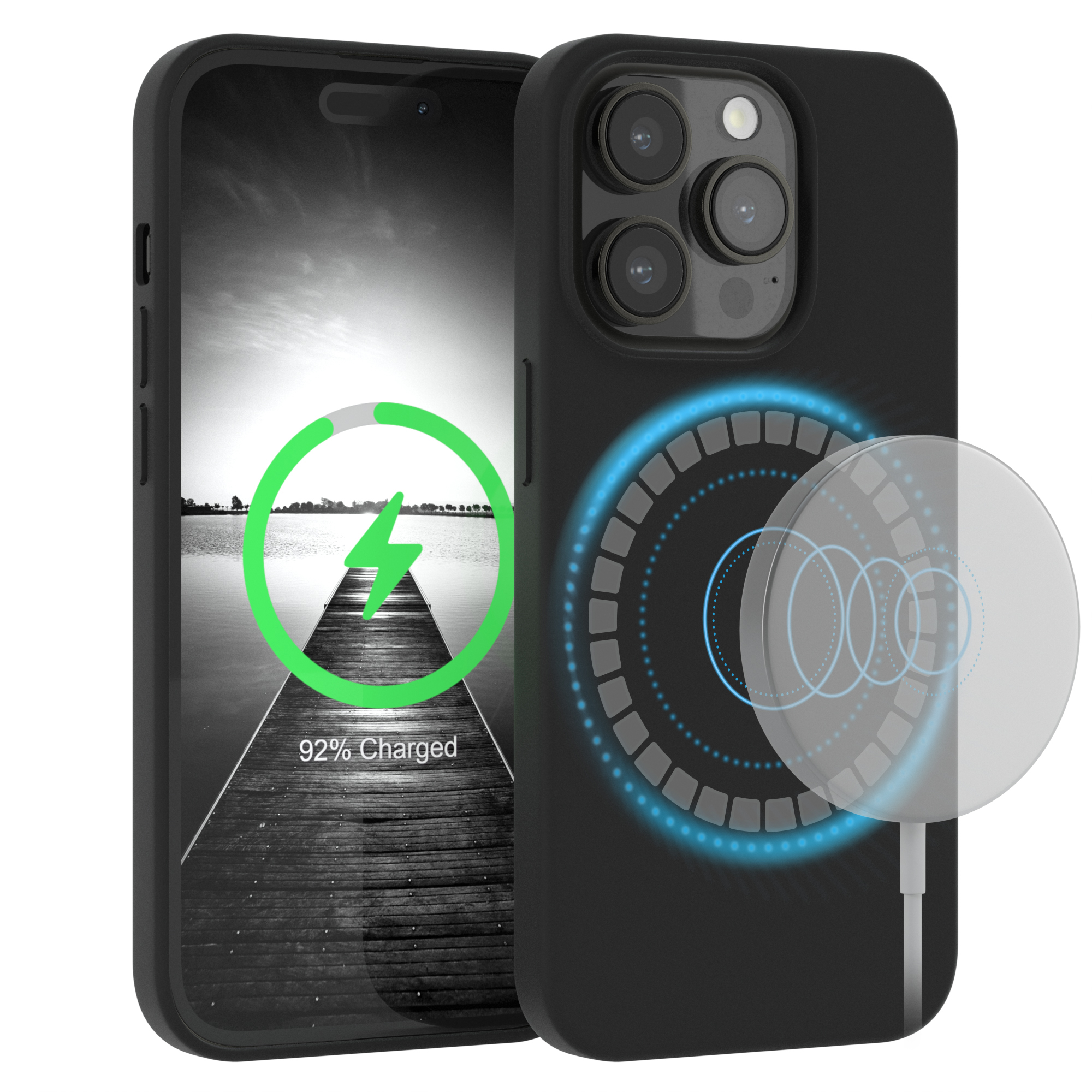 Schwarze Handyhülle auf einem ladenden Telefon. Das Telefon befindet sich auf einer Holzbasis mit Licht.