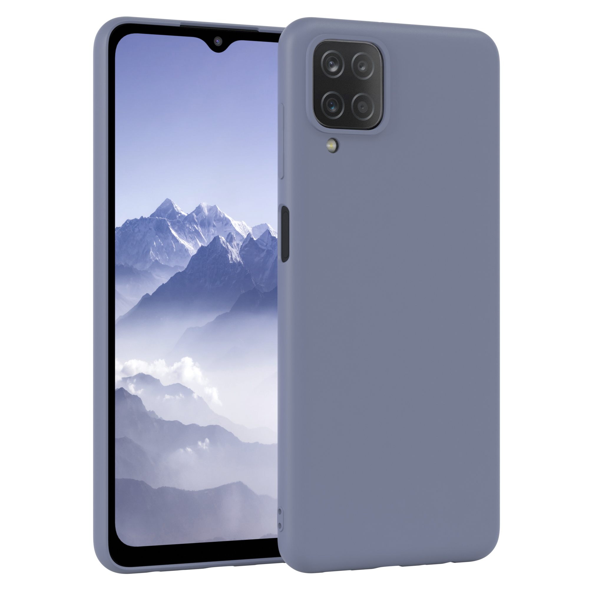Blaues Telefon mit blauer Hülle, zwei Telefone, weißer Hintergrund.