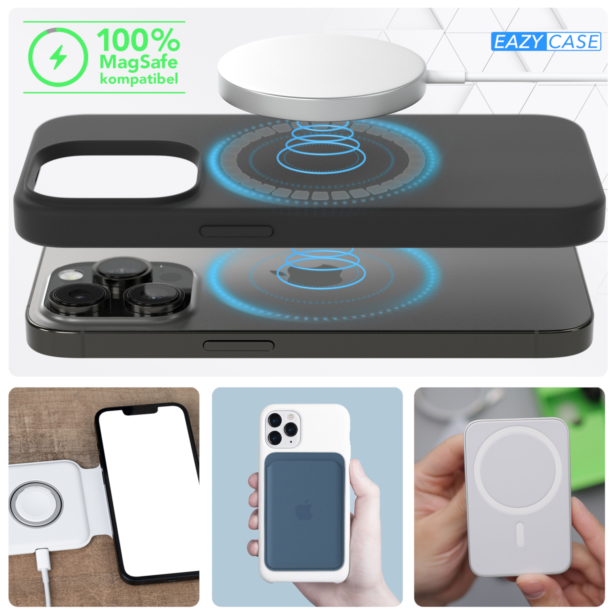 Drei Handyhüllen und ein Ladegerät. Eine schwarze Hülle mit einem Ladegerät oben. Text: '100% MagSafe kompatibel'.