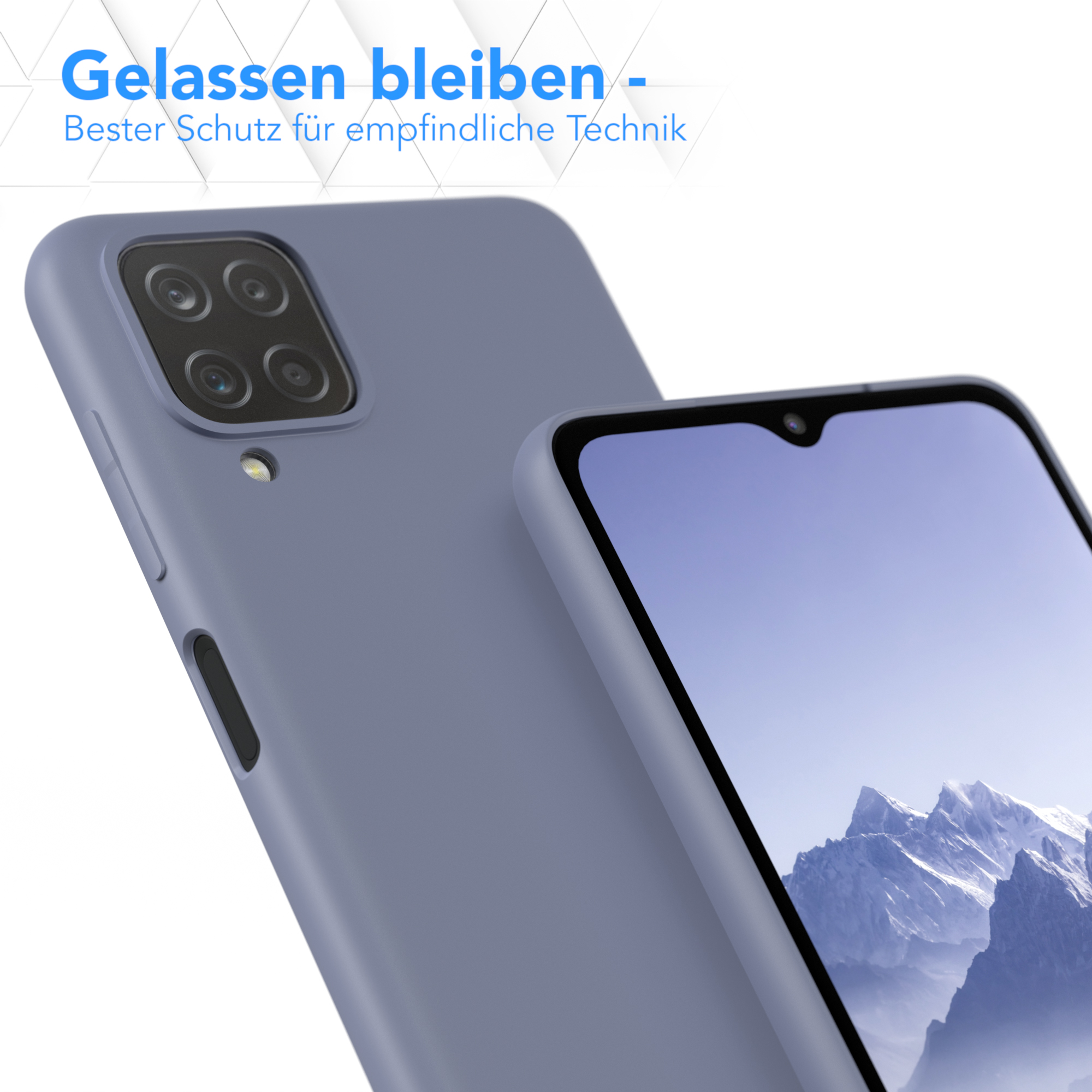 Blaue Handyhülle und Telefon mit Landschaft auf dem Bildschirm. Weißer Hintergrund.