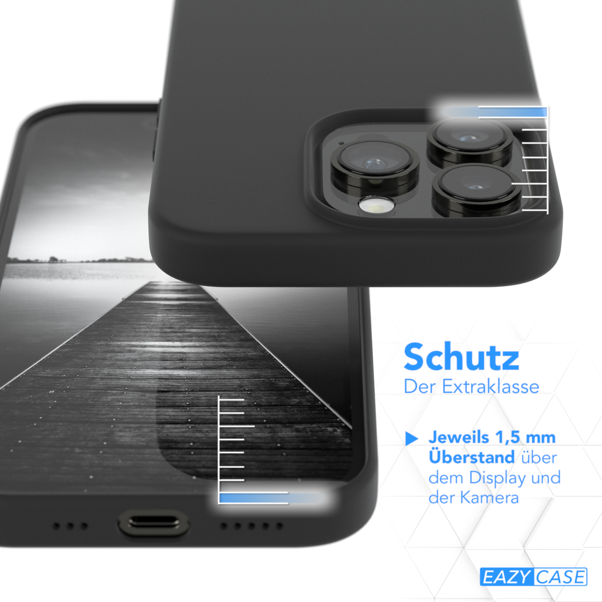 Eine schwarze Handyhülle mit Telefon und einem Text, der den Schutzgrad der Hülle anzeigt.